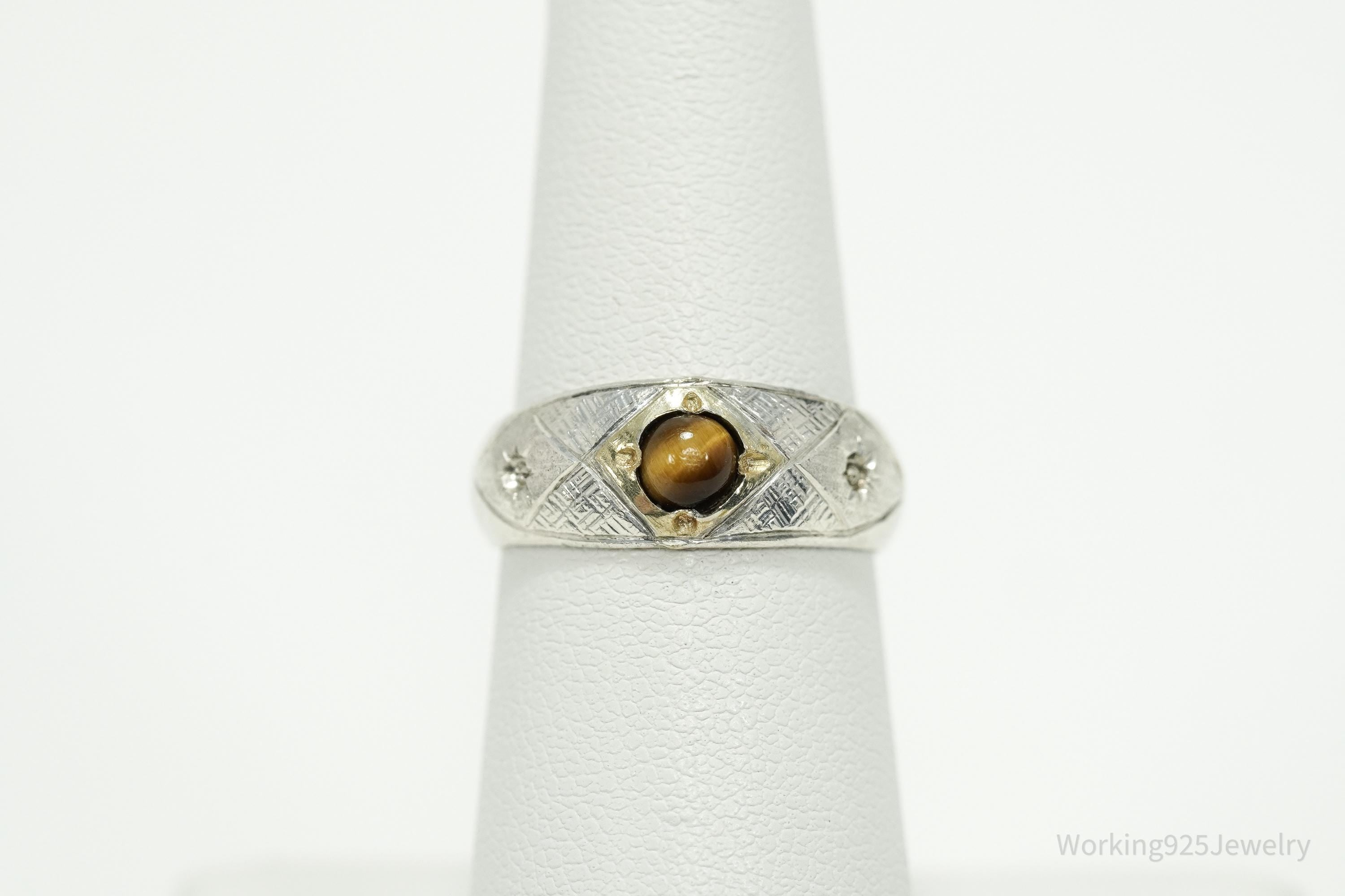 Antique Vintage Tigers Eye Gold Wash Silver Ring - Size 6.25