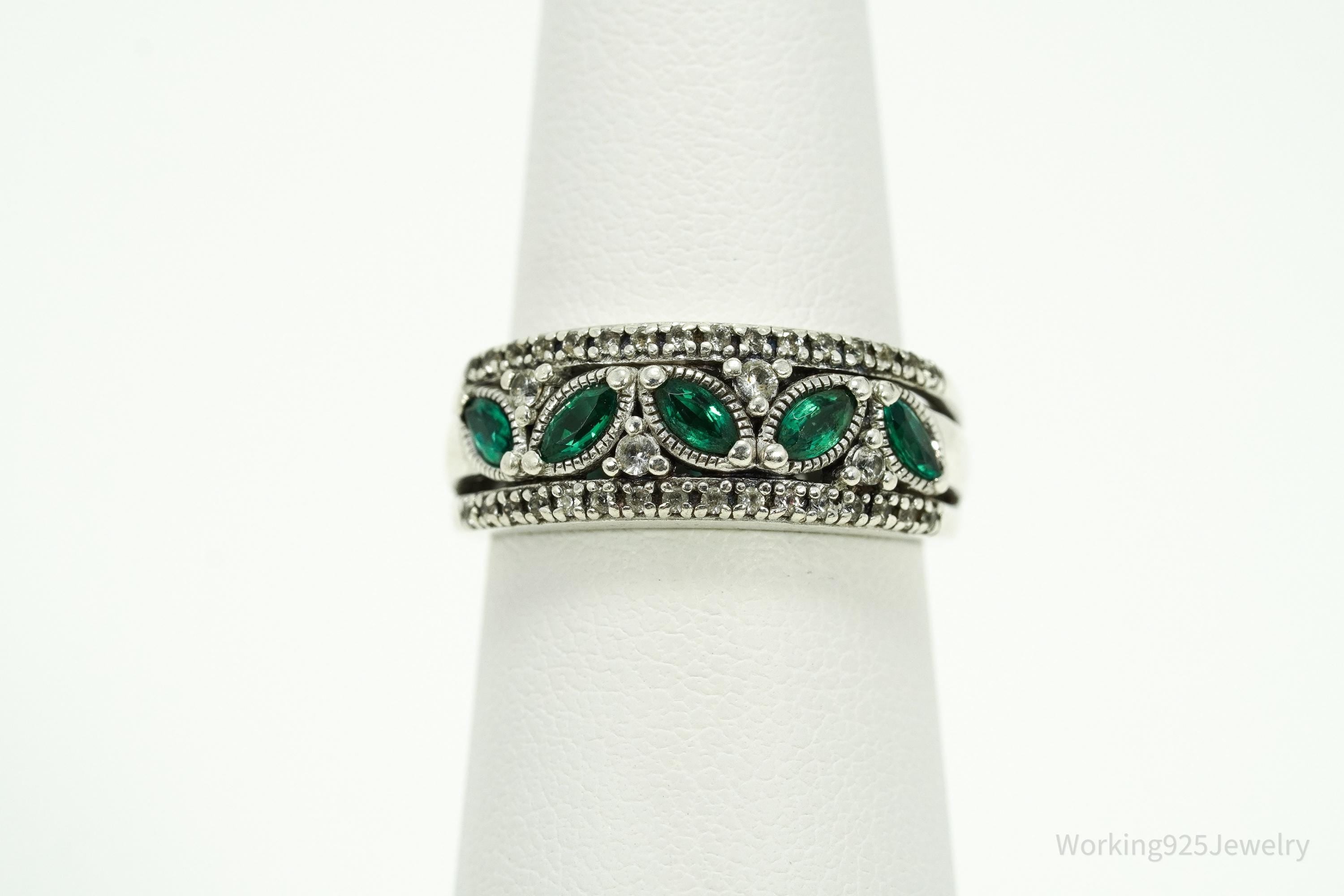 Vintage Emerald & White Sapphire Sterling Silver Ring - Size 6