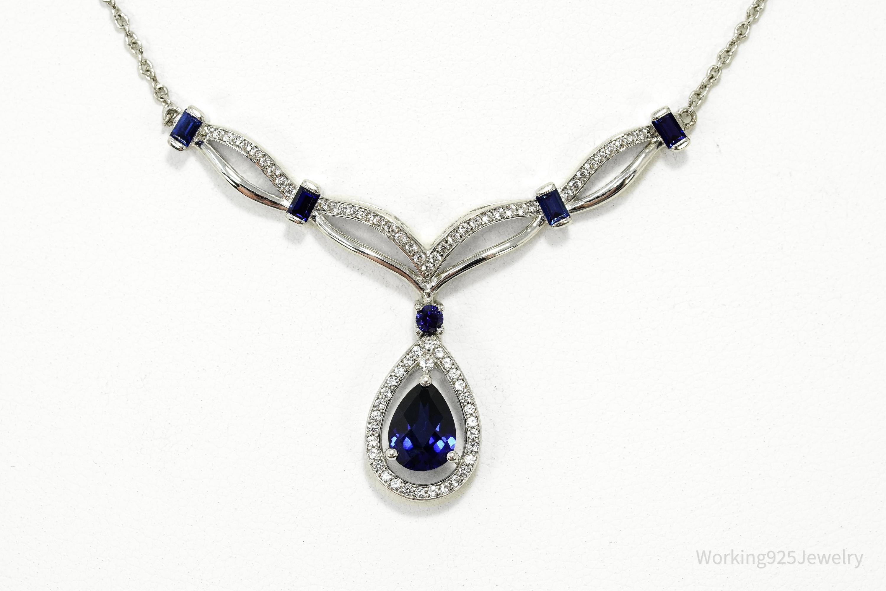 Vintage Blue & White Sapphire Sterling Silver Necklace 15"