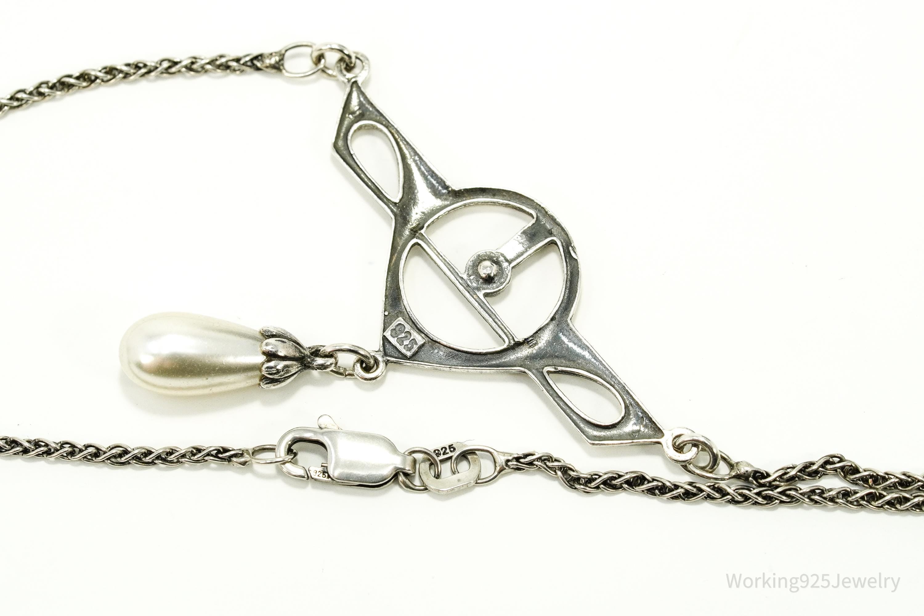 Vintage Art Nouveau Style Pearl & Swarovski Crystal Sterling Silver Necklace 15"