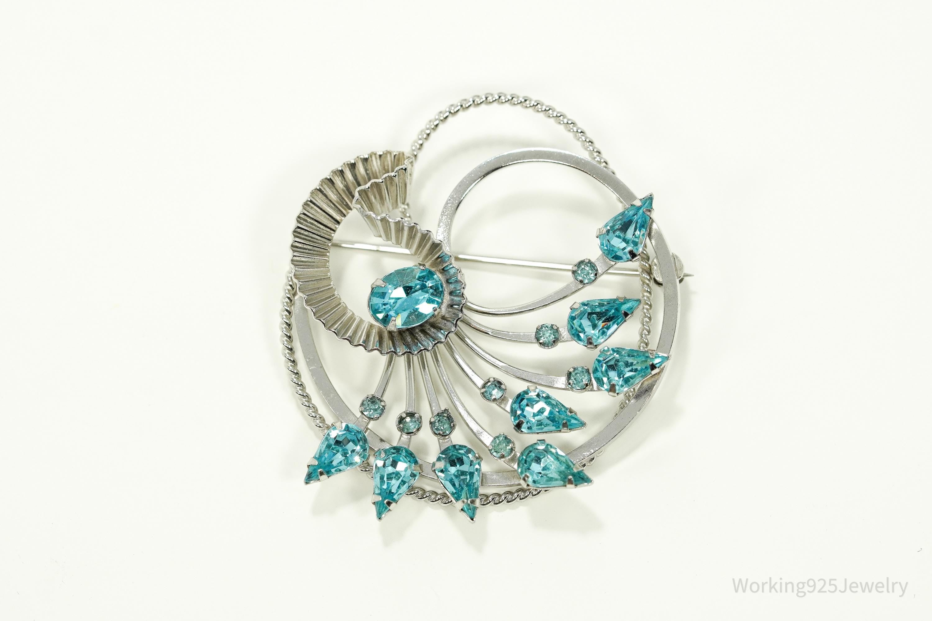 Vintage Designer BOND BOYD Blue Rhinestone Art Deco Sterling Silver Brooch Pin