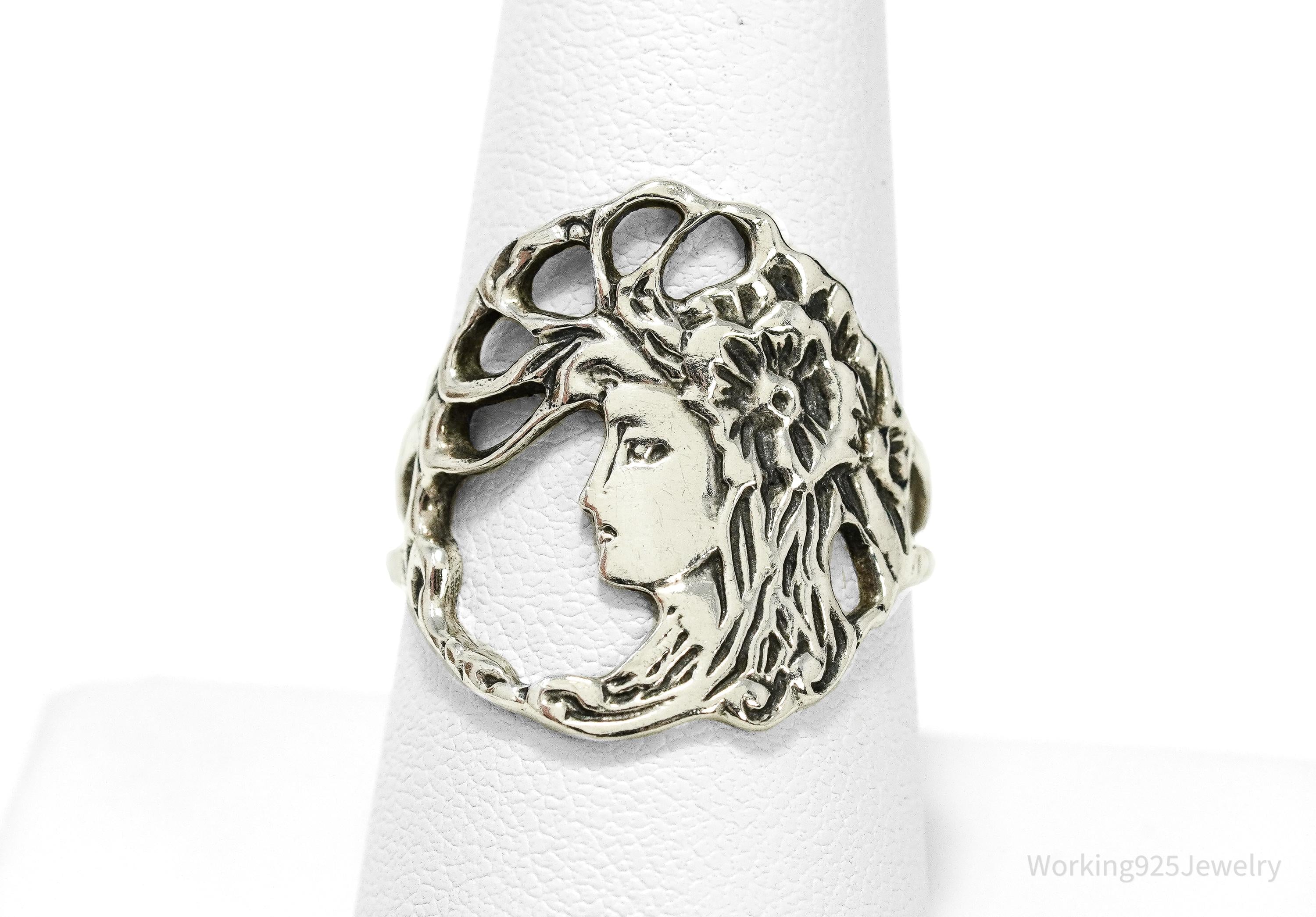 Vintage Art Nouveau Style Woman Sterling Silver Ring - Size 8.75
