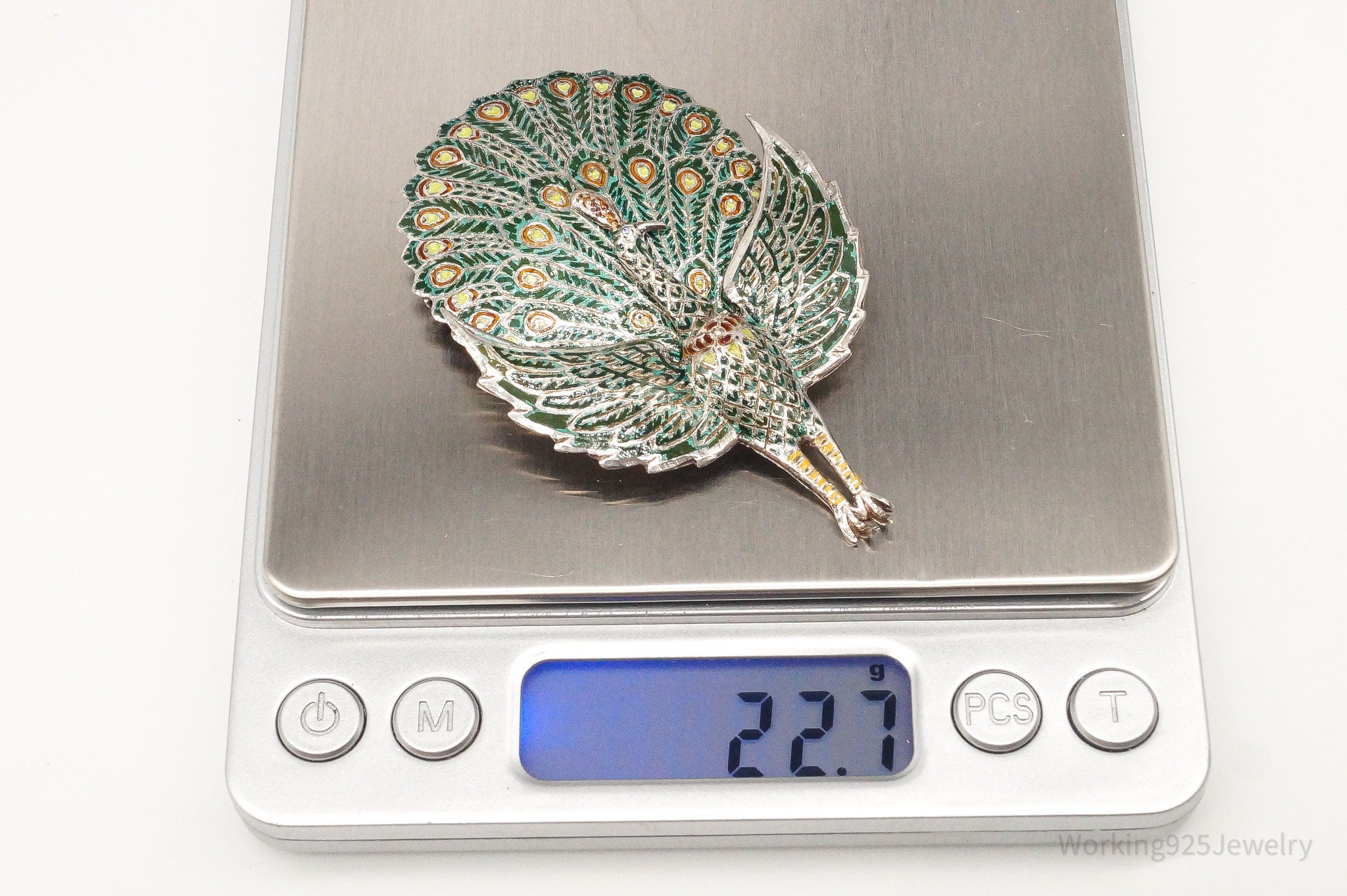 Vintage SIAM Enamel Peacock Silver Brooch Pin