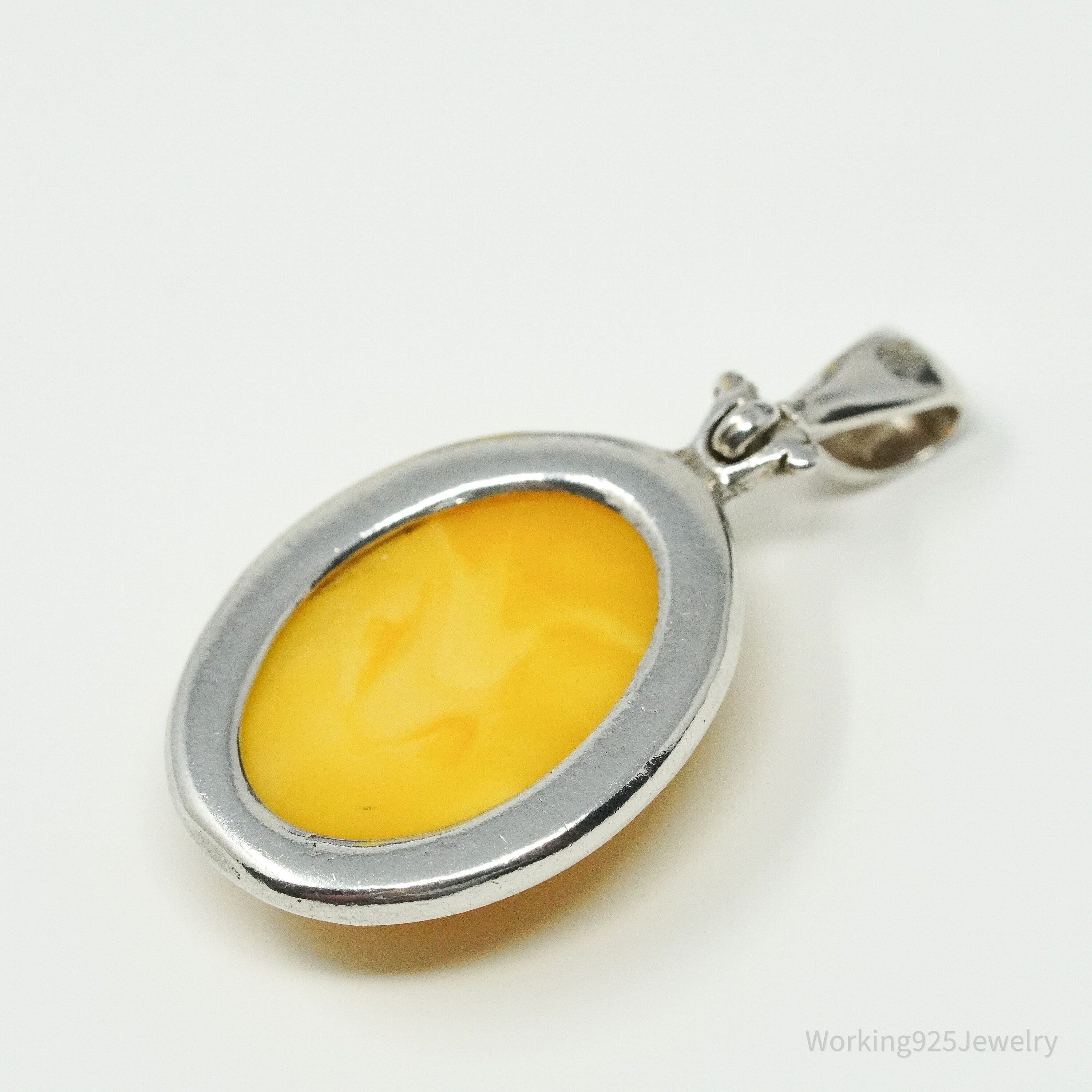 Vintage Yellow Amber Modernist Sterling Silver Necklace Pendant