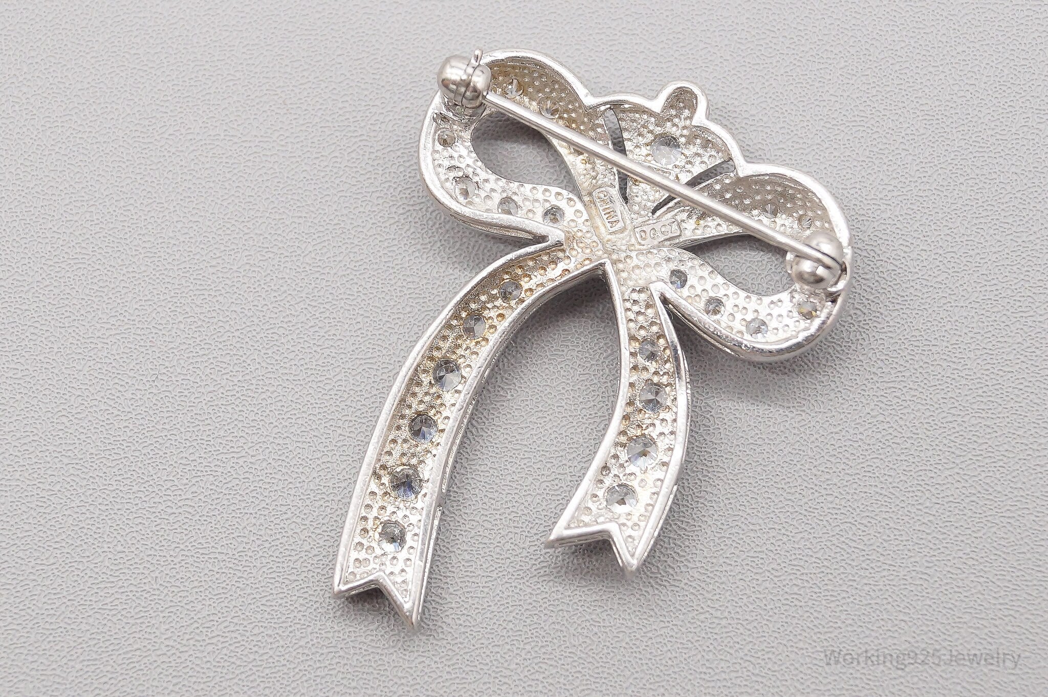 Vintage Diamonique Cubic Zirconia Sterling Silver Ribbon Bow Brooch Pin