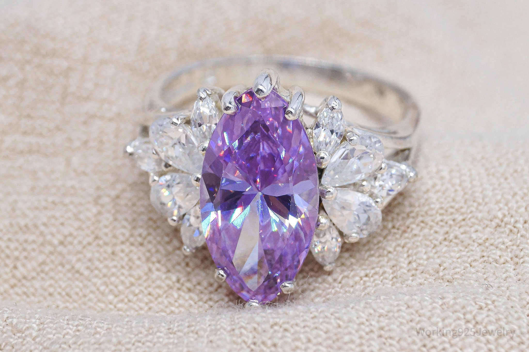 Vintage Purple & White Cubic Zirconia Sterling Silver Statement Ring - Size 7.75