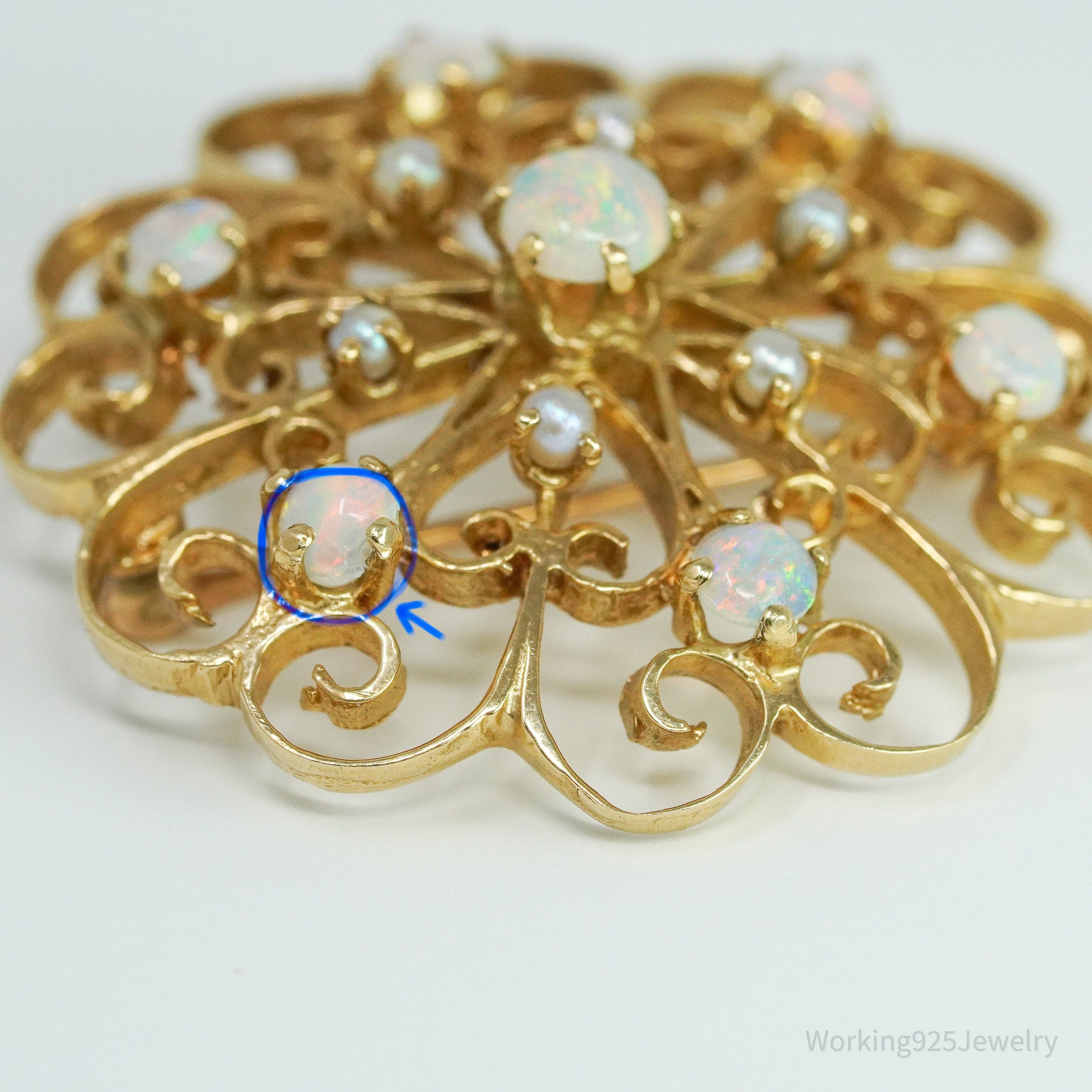 Antique 14K Yellow Gold Opal & Pearl Brooch Pin Pendant