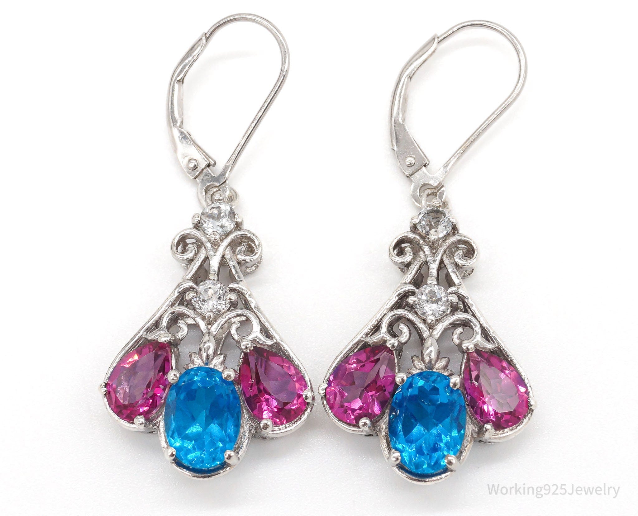 Vintage Blue Pink & White Topaz Sterling Silver Earrings