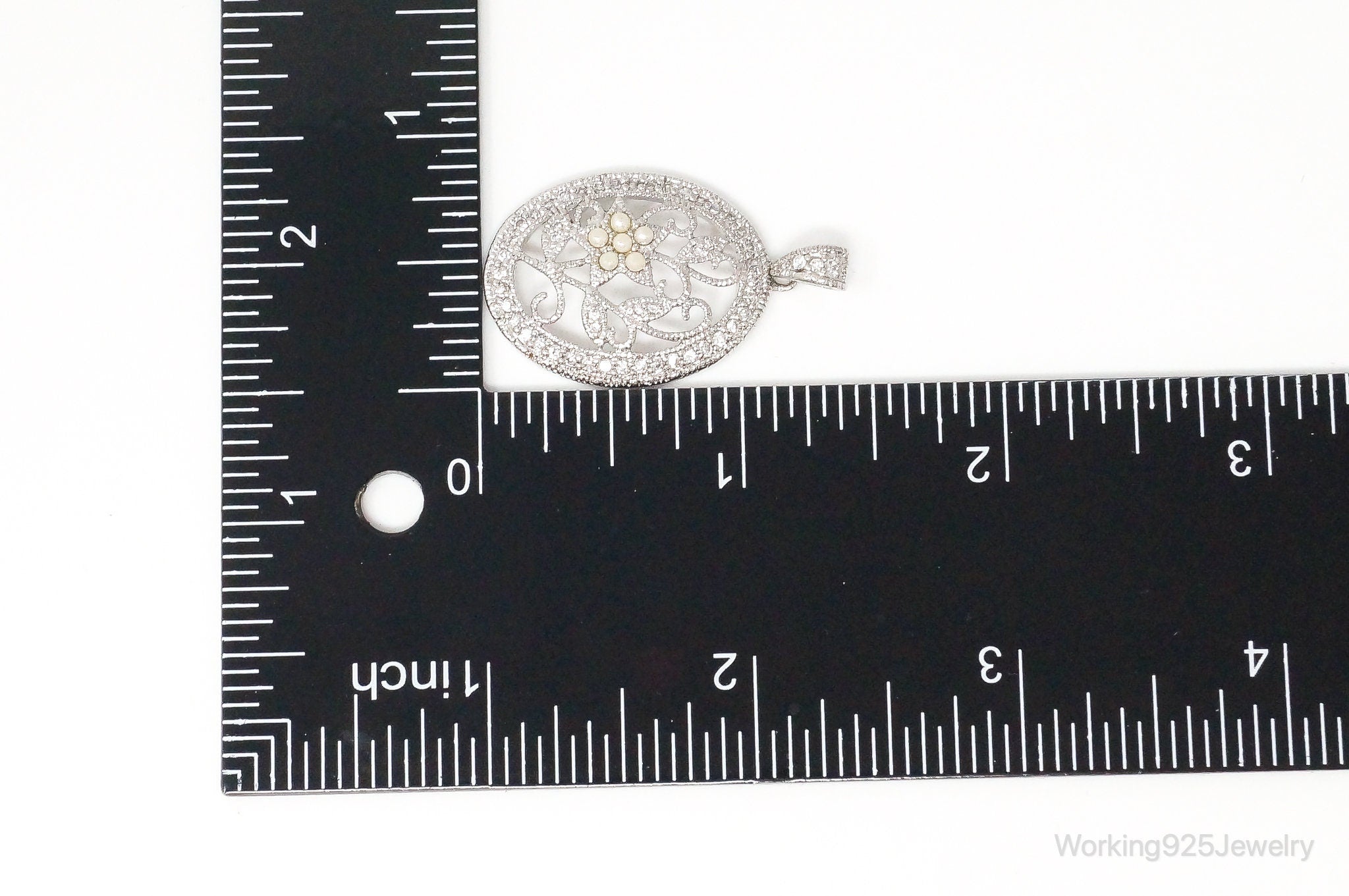 Large Vintage Faux Pearl Cubic Zirconia Sterling Silver Pendant