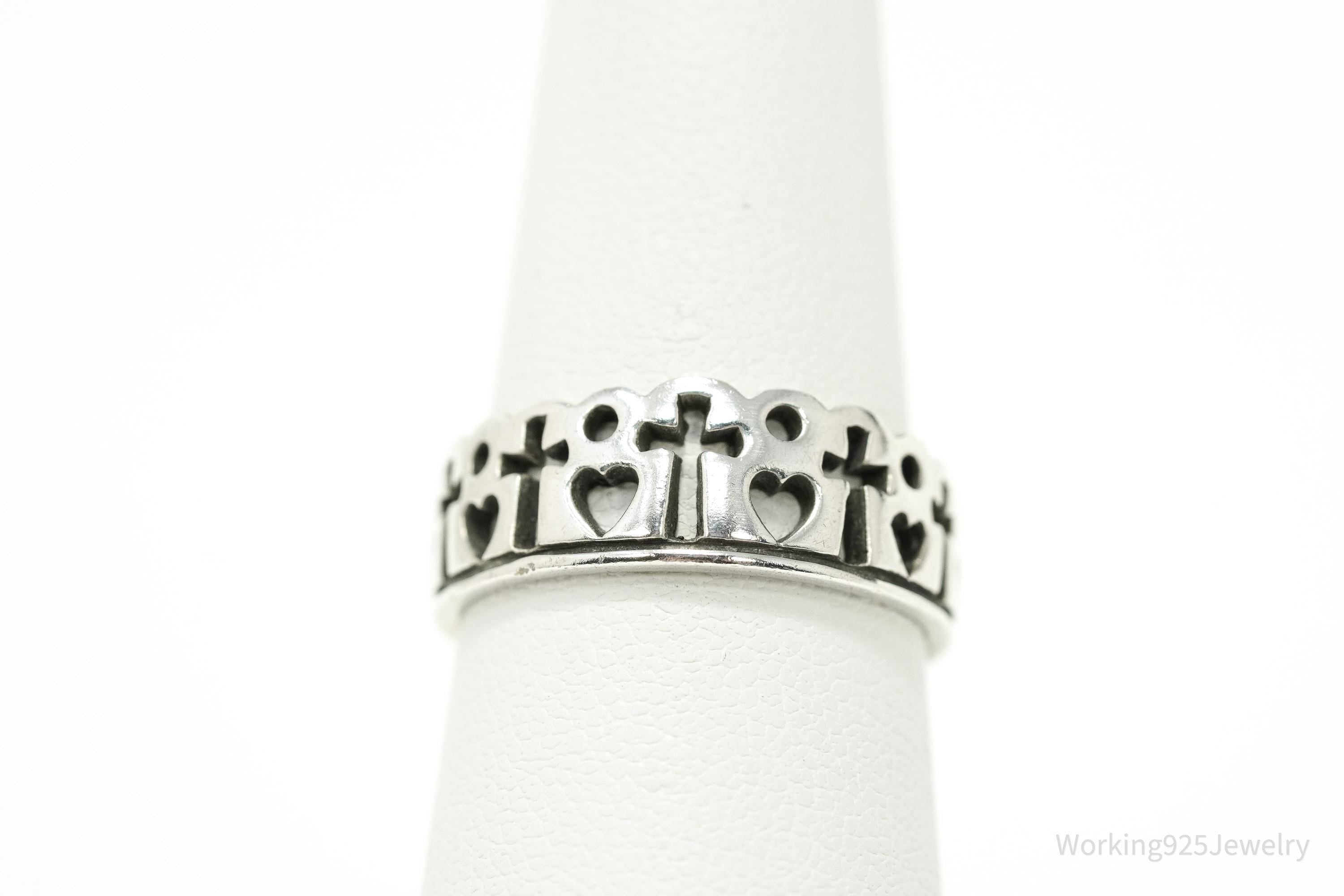 Vintage Hearts & Crosses Silver Ring - Size 7.5