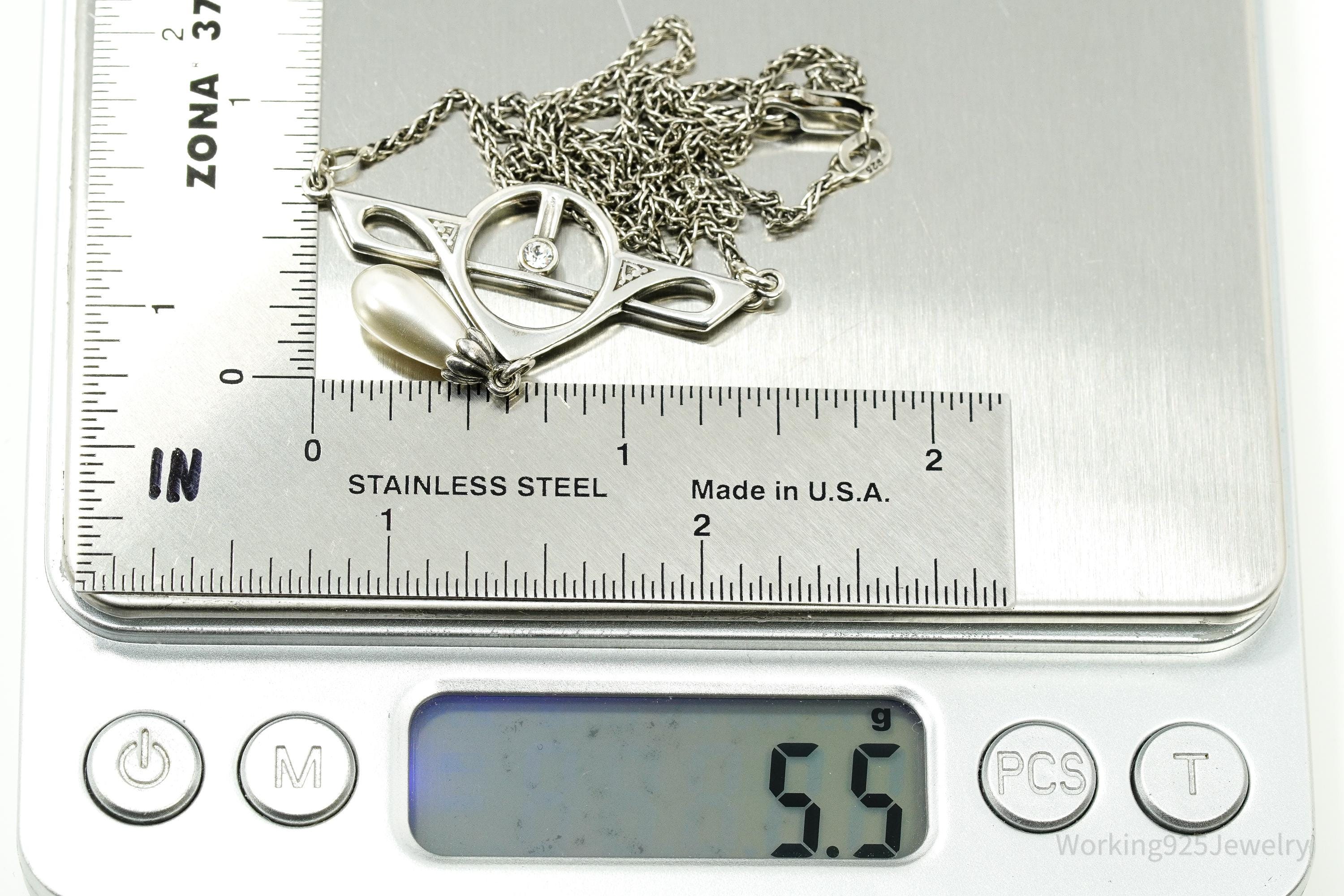 Vintage Art Nouveau Style Pearl & Swarovski Crystal Sterling Silver Necklace 15"