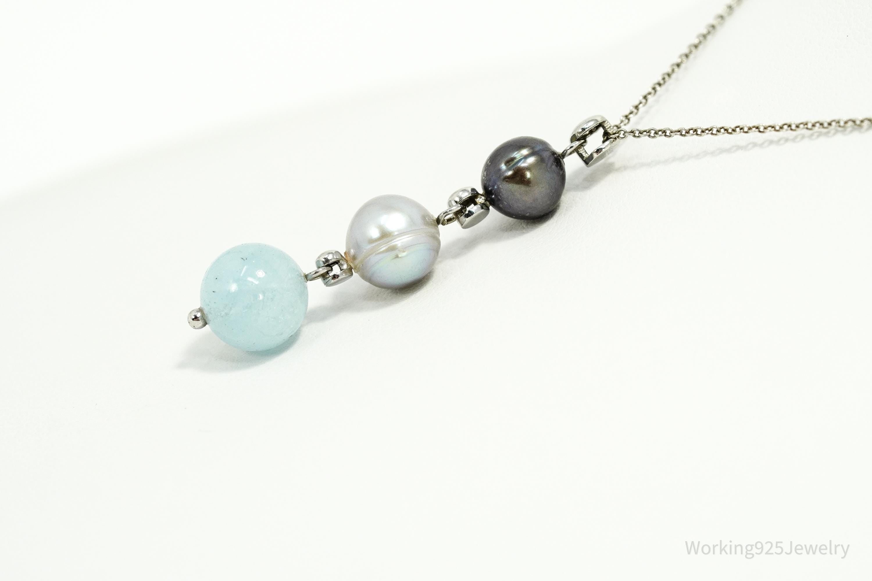 Vintage Pearl & Aquamarine Sterling Silver Necklace 18"