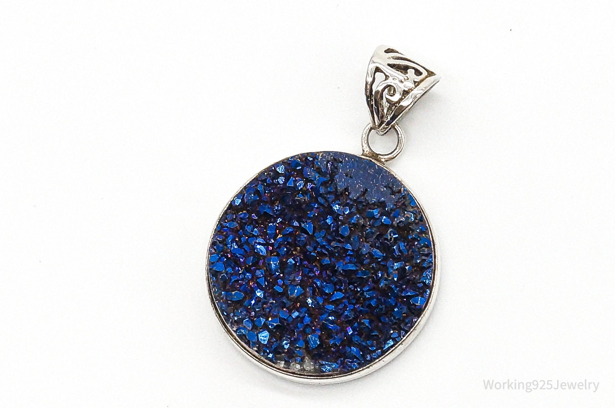 Vintage Large Blue Druzy Quartz Sterling Silver Pendant