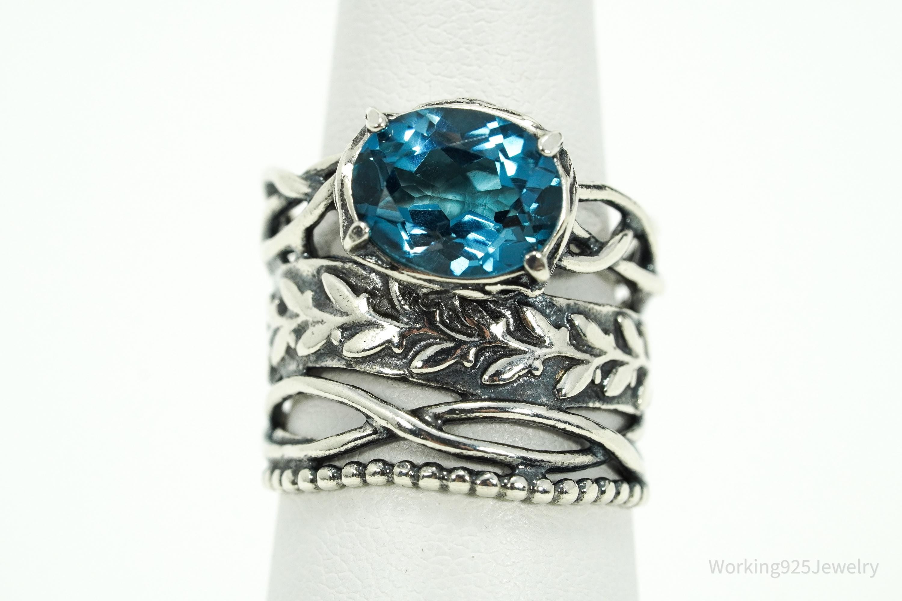 Vintage Israel Designer Paz PZ Blue Topaz Sterling Silver Ring - Size 6.25