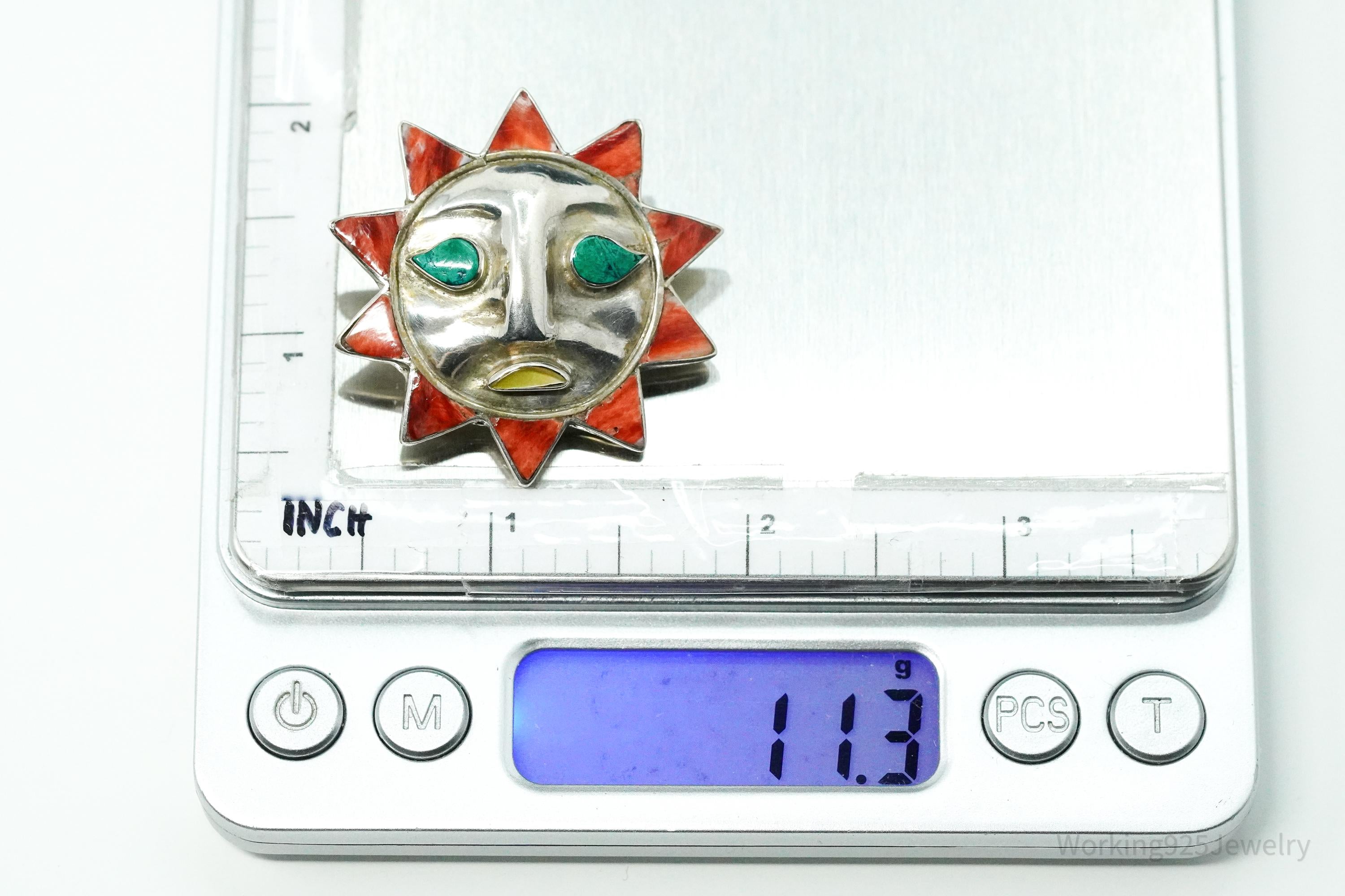 Large Vintage Multi Stone Inlay Sun Face 950 Silver Pendant