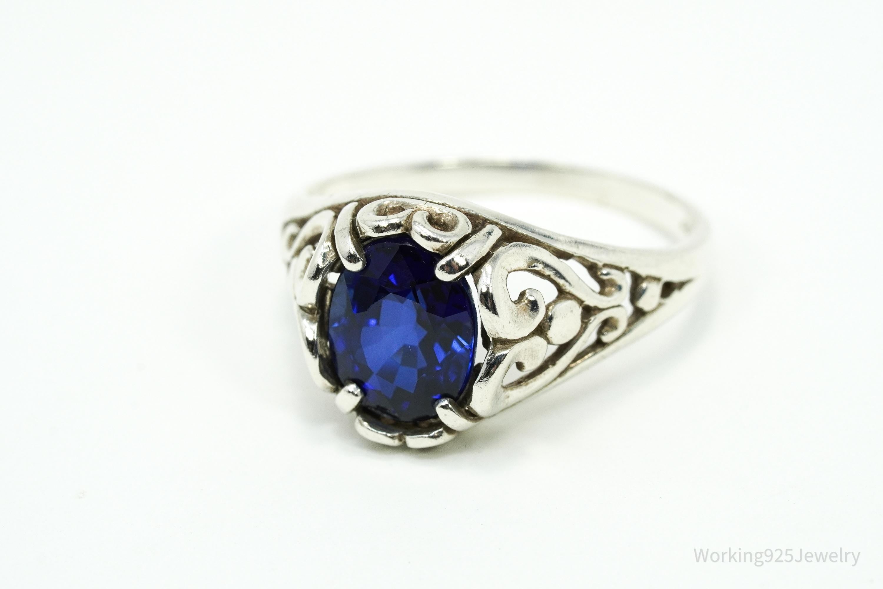 Vintage Designer Kabana Lab Blue Sapphire Sterling Silver Ring - Size 8.25