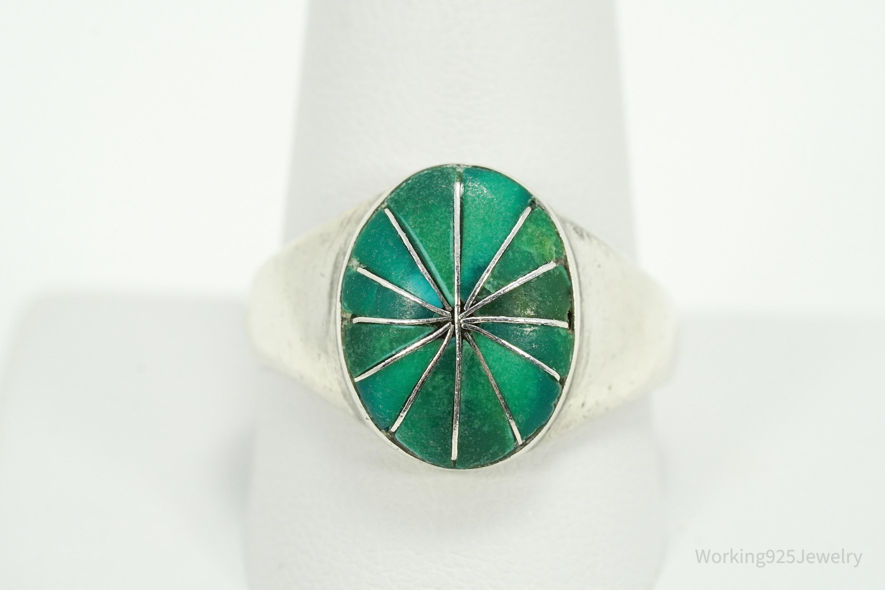 Vintage Handmade Native American Turquoise Inlay Silver Ring - Size 11.25