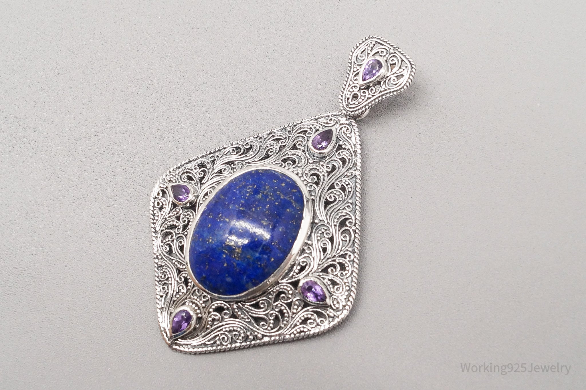 Vintage TGGC Large Lapis Lazuli Amethyst Filigree Sterling Silver Pendant