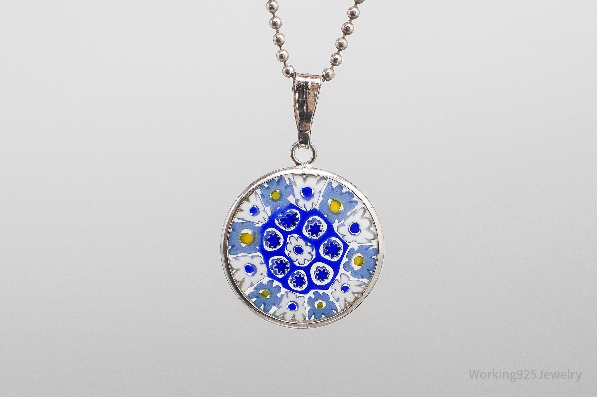 Vintage Murano Millefiori Flowers Glass Sterling Silver Necklace 18"