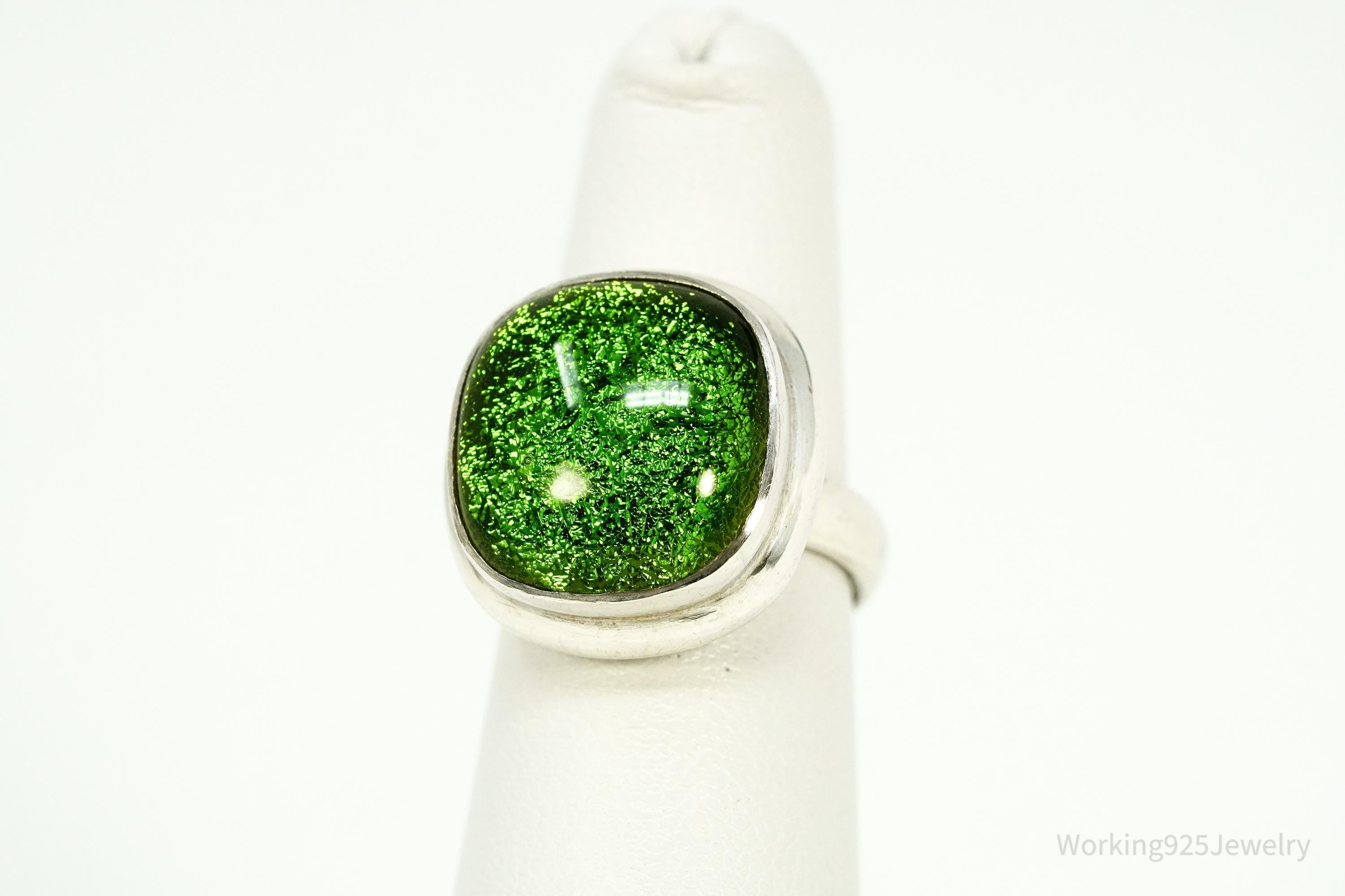 Vintage Green Dichroic Glass Sterling Silver Ring - Size 6