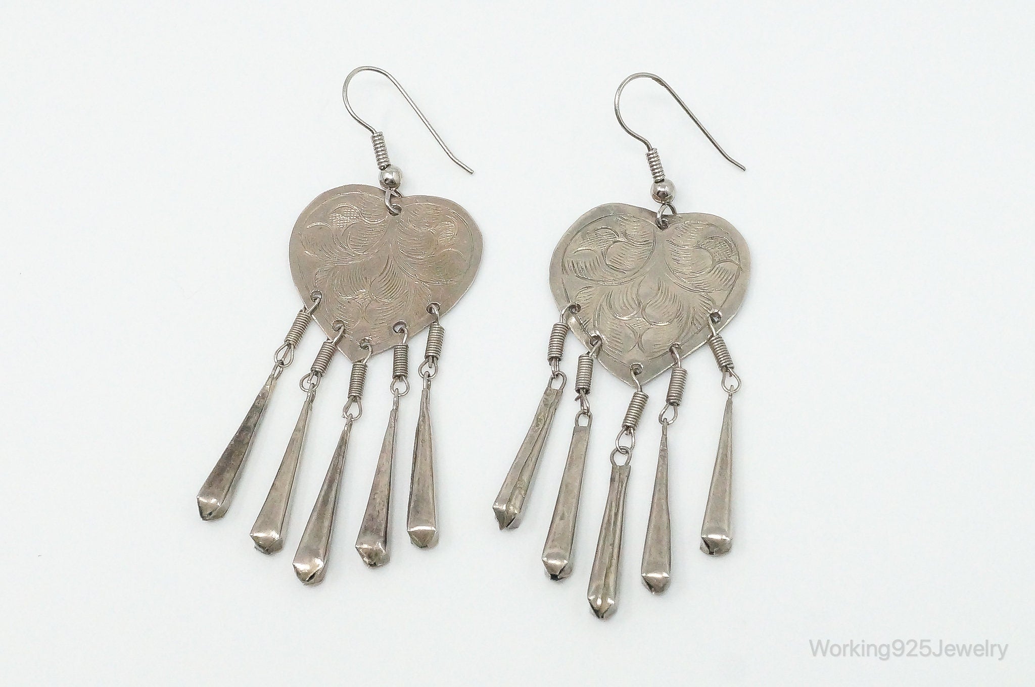 VTG ATQ Etched Hearts Sterling Silver Earrings