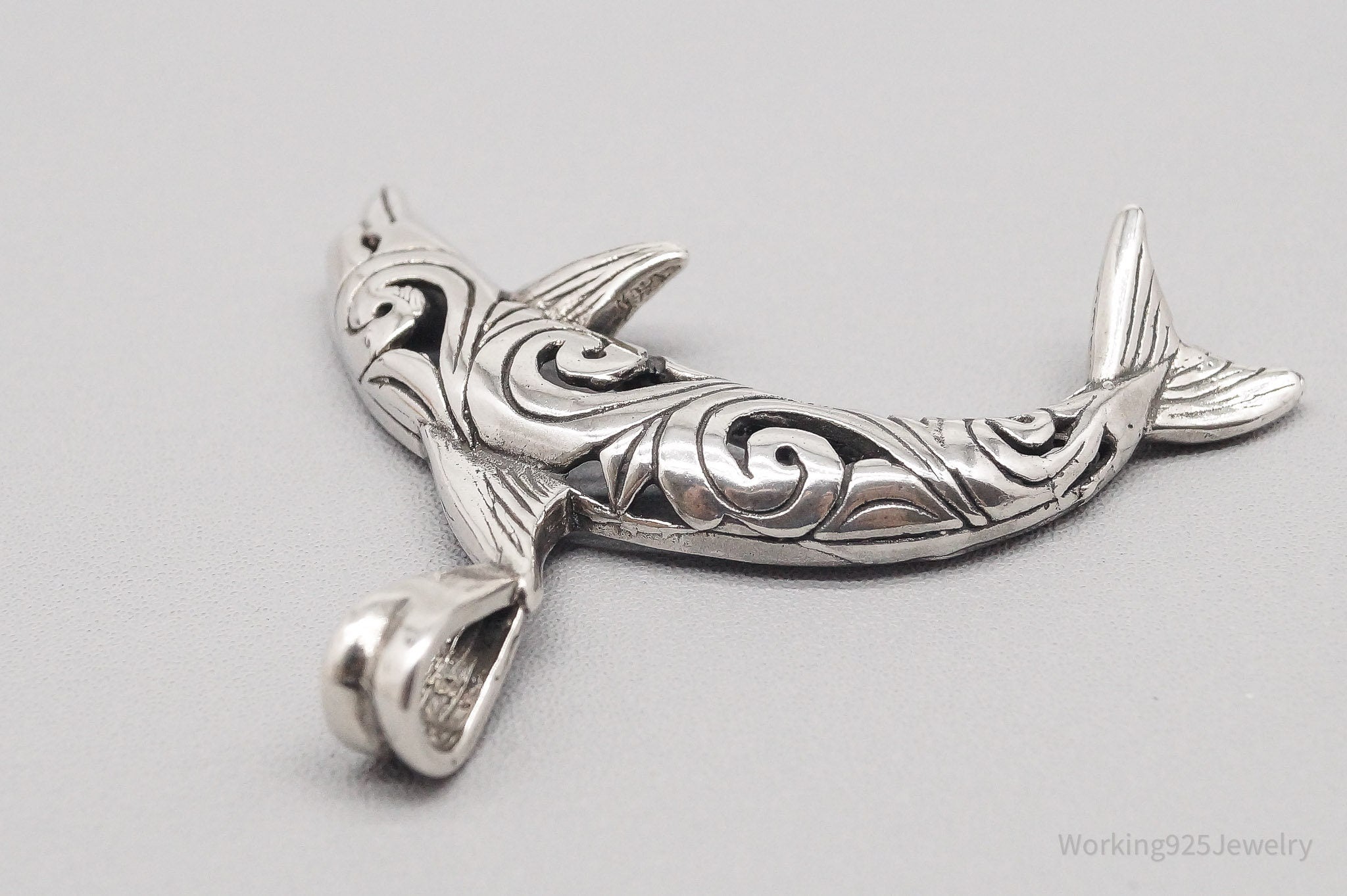 Vintage Large Scroll Dolphin Sterling Silver Pendant