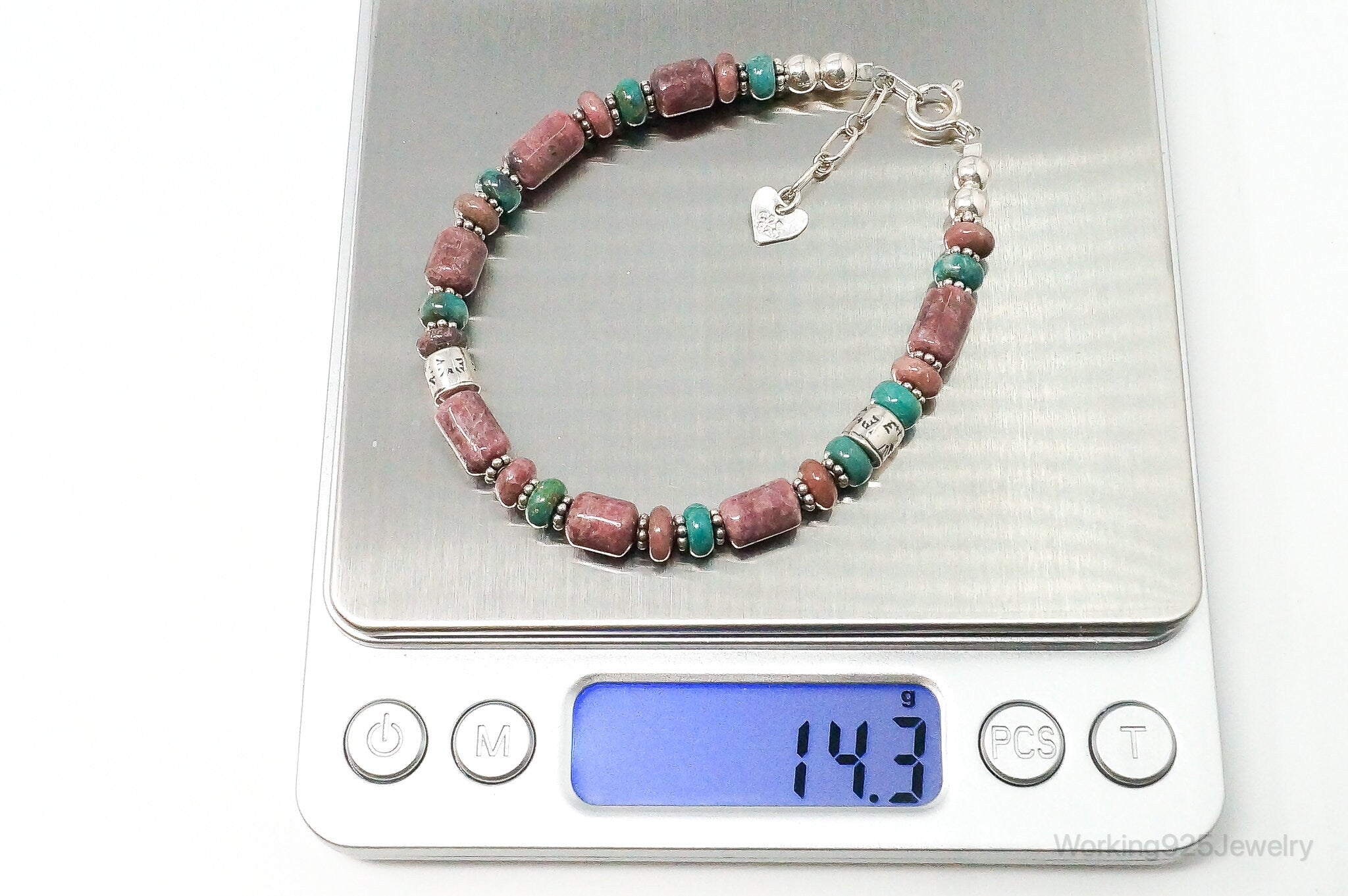 Vintage Southwestern Style Rhodochrosite Turquoise Sterling Silver Bracelet