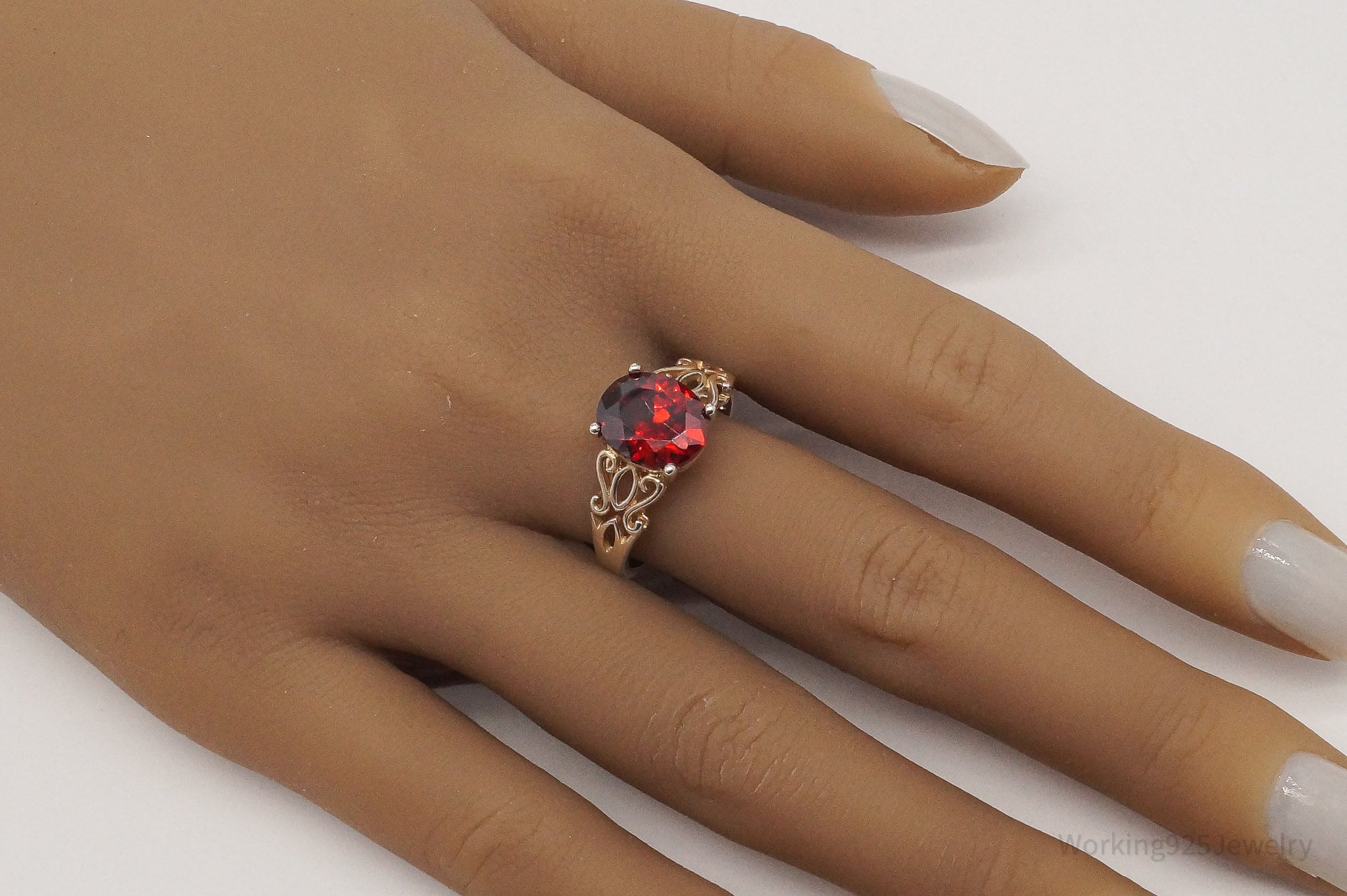 Vintage Large Red Cubic Zirconia Sterling Silver Ring - Size 10