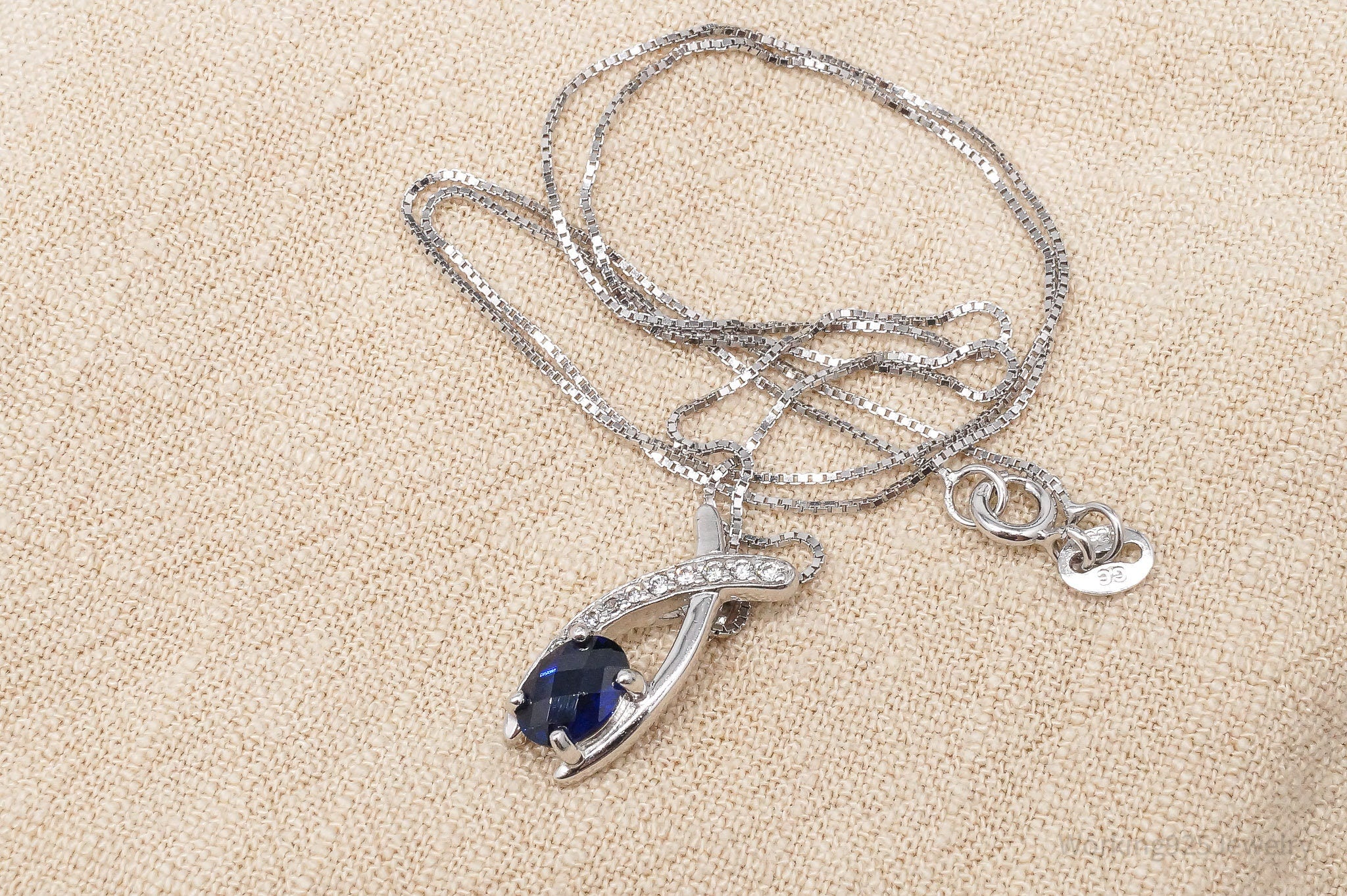 Vintage Lab Sapphire & Cubic Zirconia Sterling Silver Necklace 18"