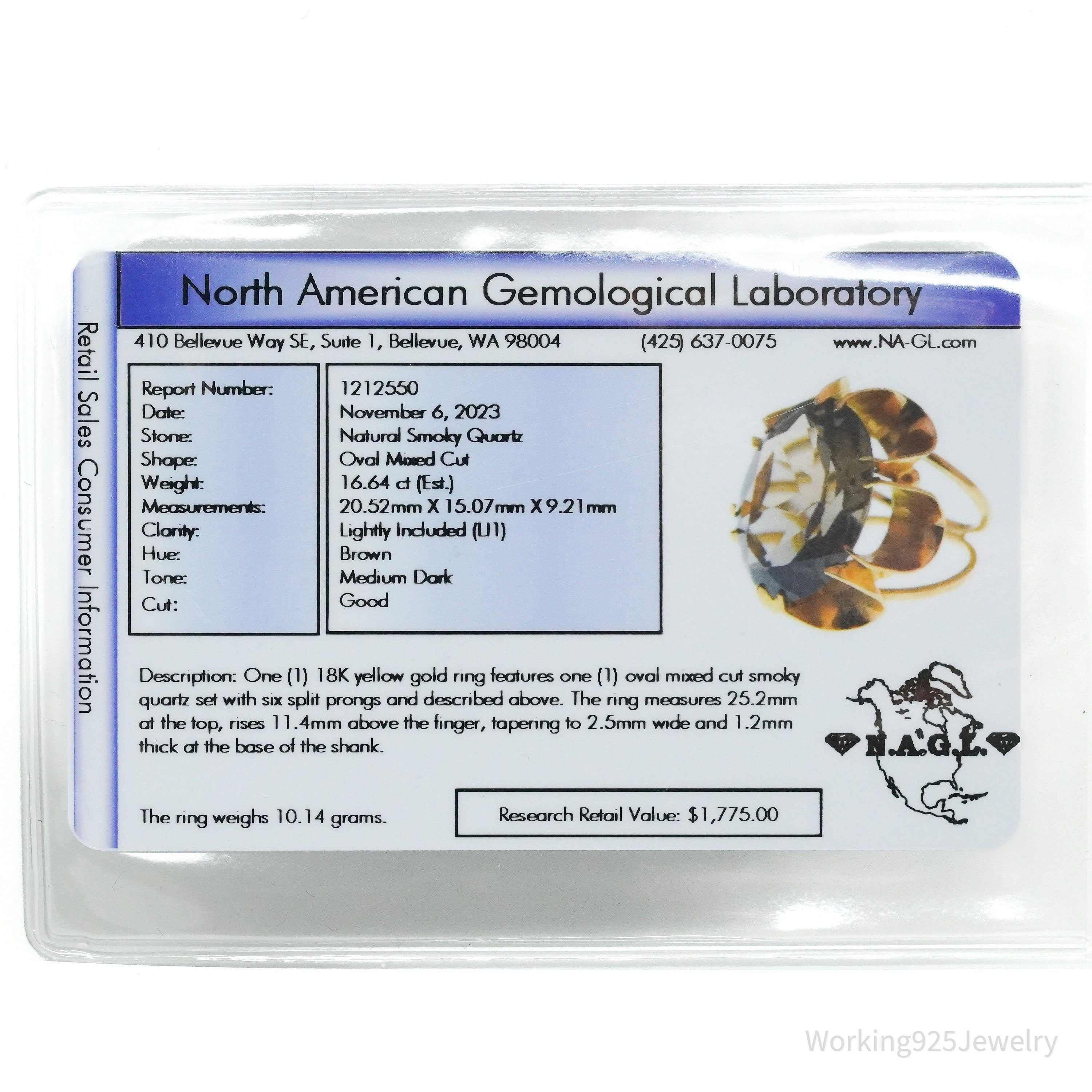 18K Yellow Gold Smoky Quartz Ring - Size 6.5