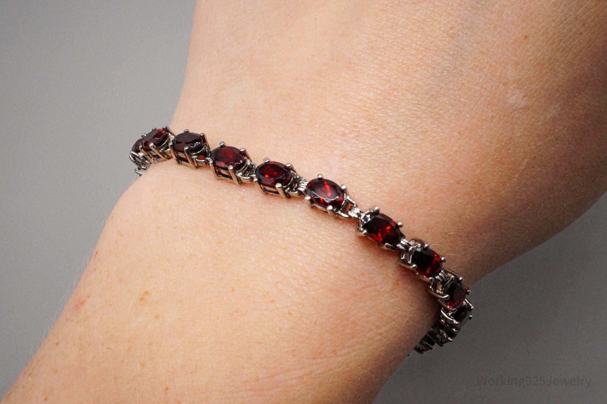 Vintage Red Garnet Sterling Silver Bracelet - 7 3/8"