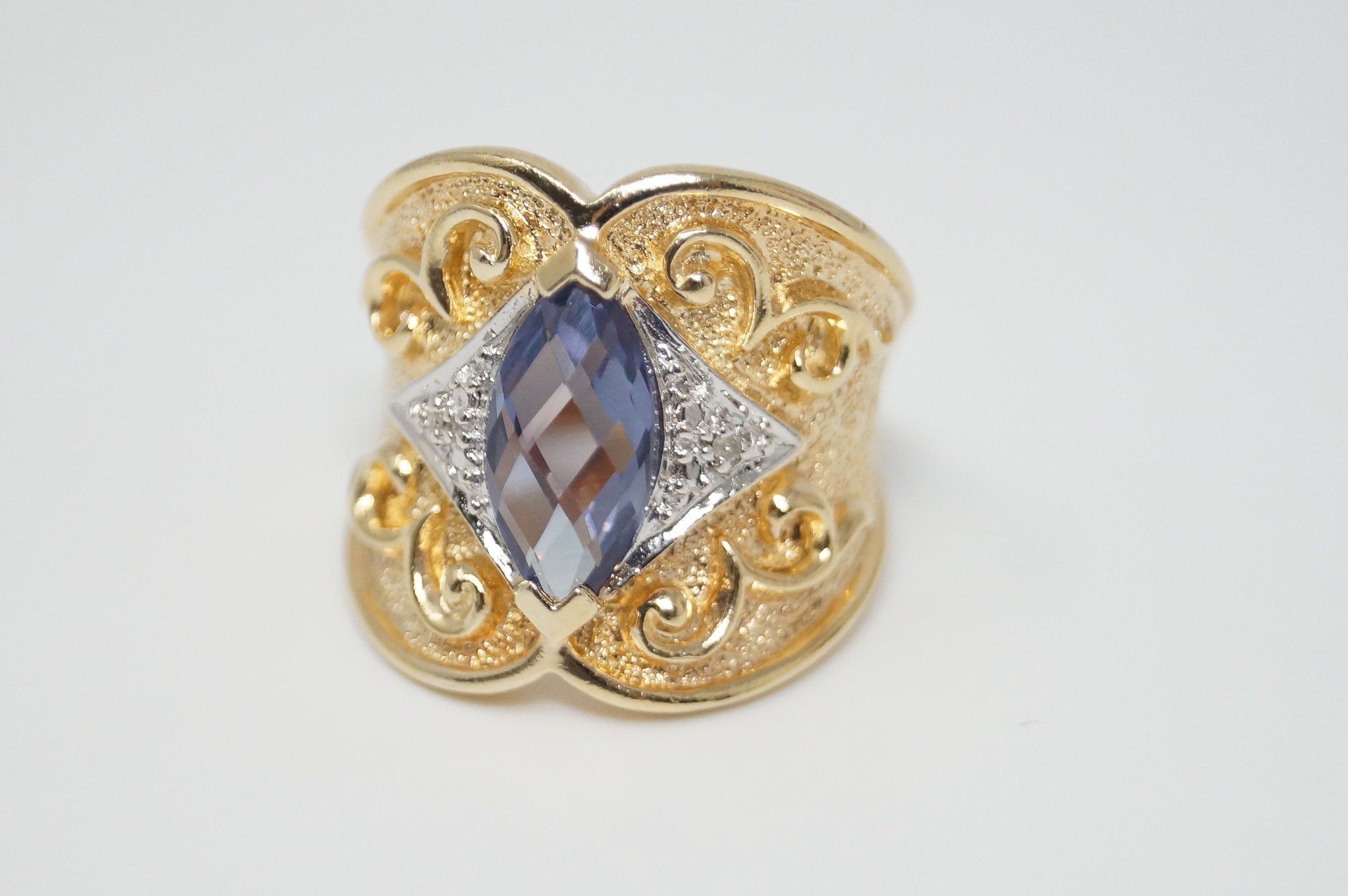 VTG Color Change Sapphire 2 Diamond Gold Vermeil Sterling Silver Ring - Size 6