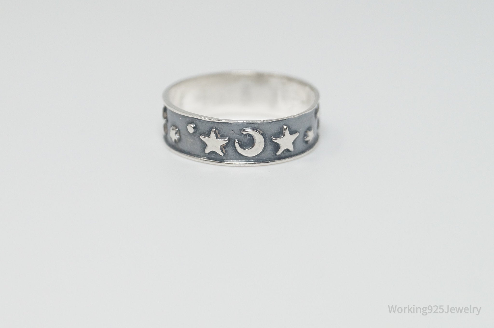 Vintage Star Moon Lunar Oxidized Sterling Silver Band Ring - Size 5.5