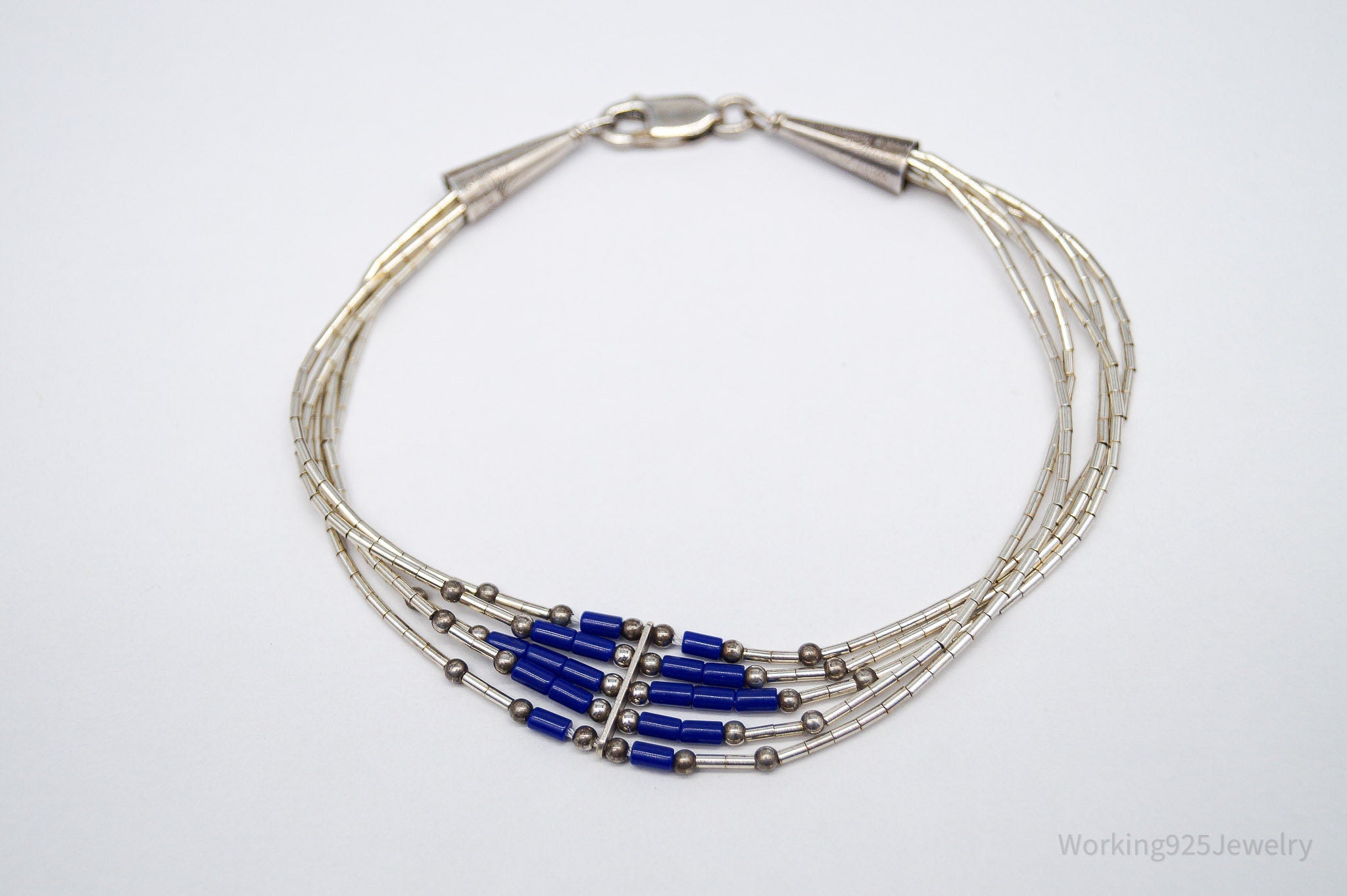 Vintage Handmade Native American Lapis Lazuli Sterling Silver Bead Bracelet