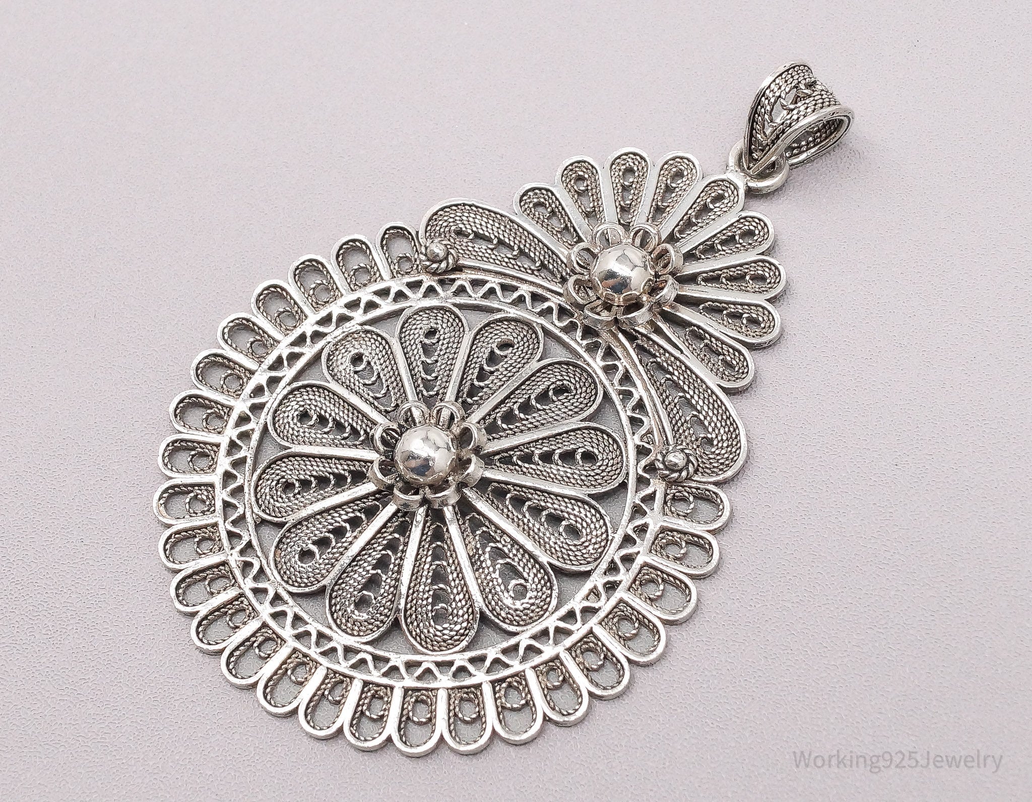 Vintage Large Turkish Filigree Ornate Sterling Silver Pendant