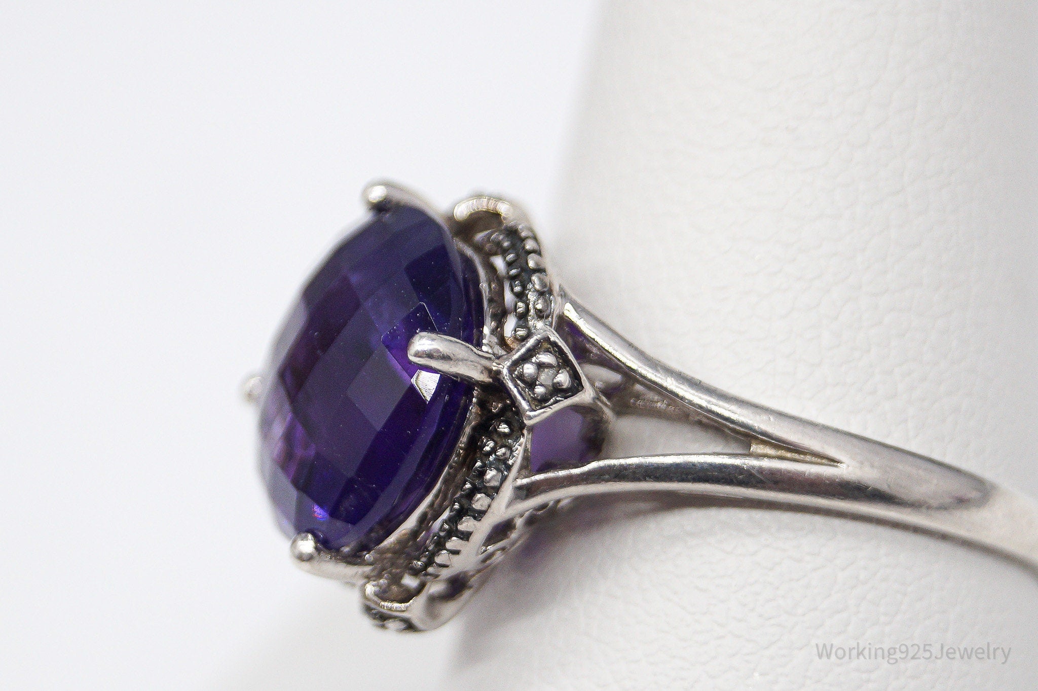 Vintage Amethyst & Diamond Sterling Silver Ring - Size 10