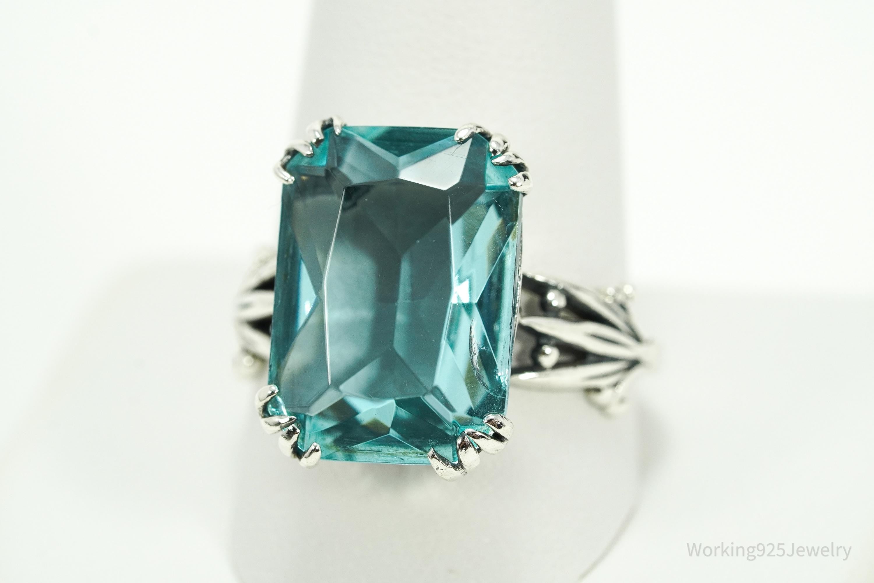 Vintage Faux Glass Blue Topaz Sterling Silver Plated Ring - Size 11.5