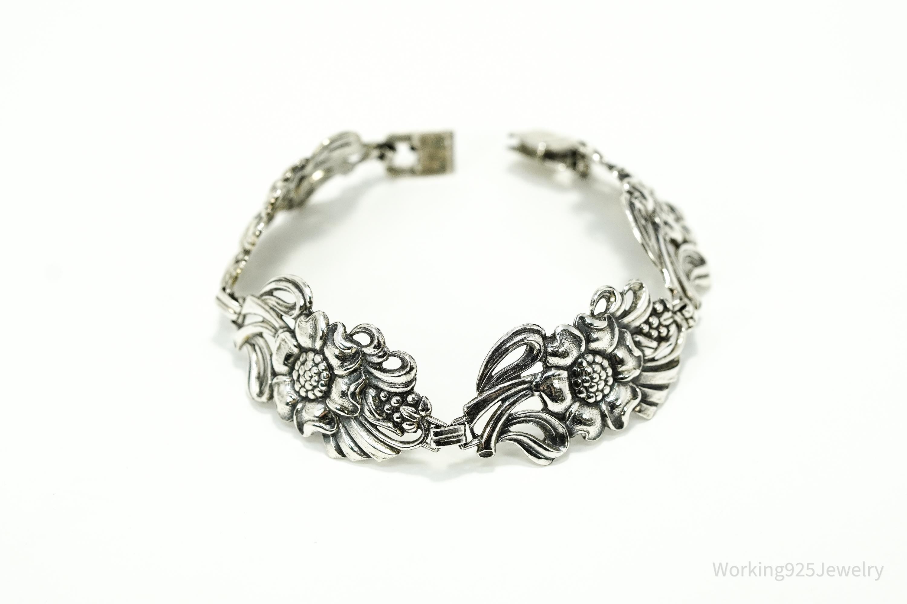 Antique Floral Sterling Silver Bracelet 7.75"