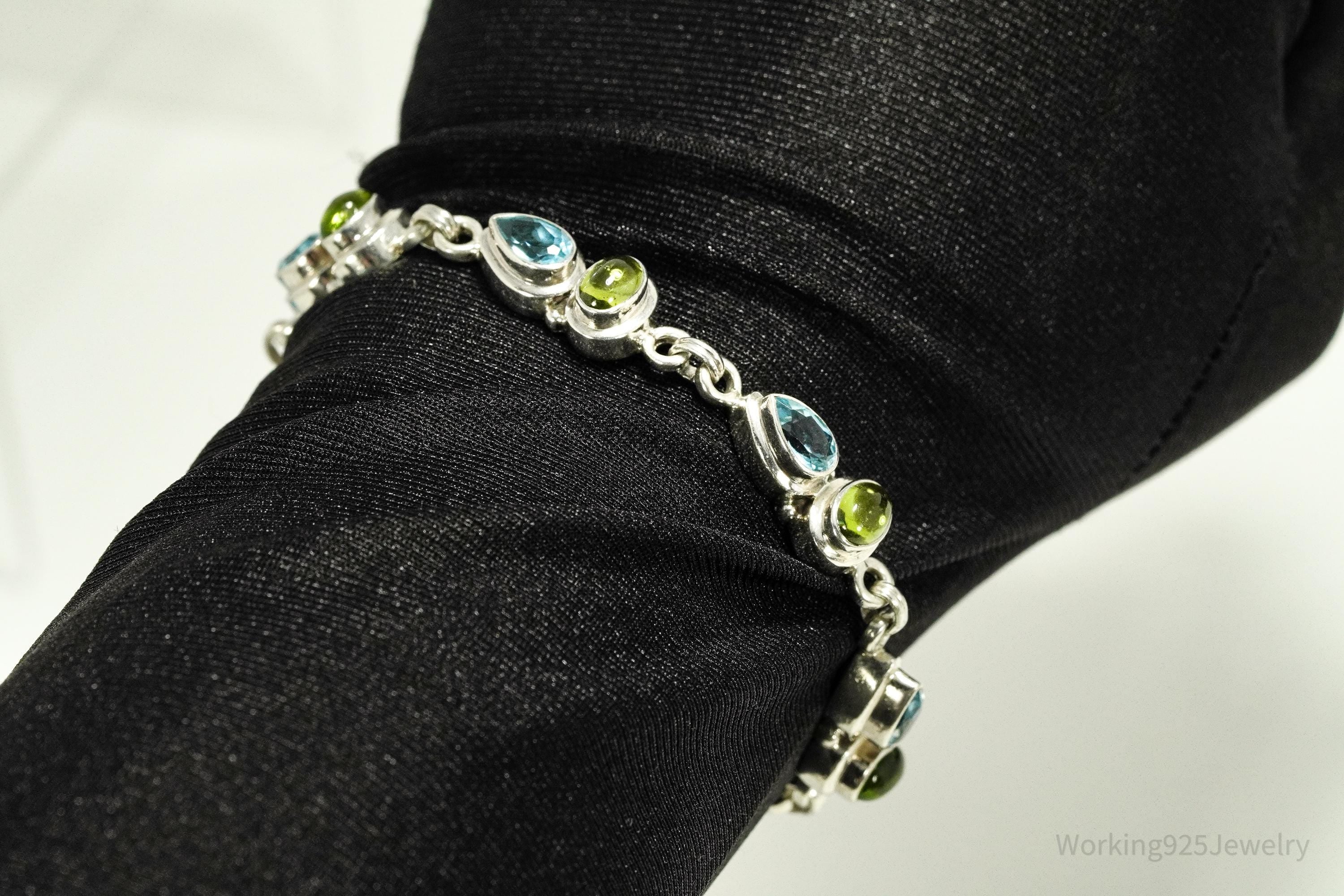 Vintage Blue Topaz & Peridot Sterling Silver Toggle Bracelet 8 1/8"