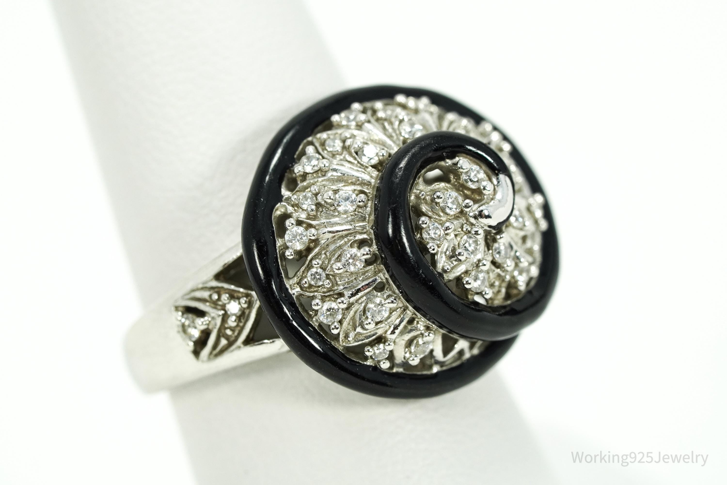 Vintage Designer Cubic Zirconia & Enamel Spiral Sterling Silver Ring - Size 7