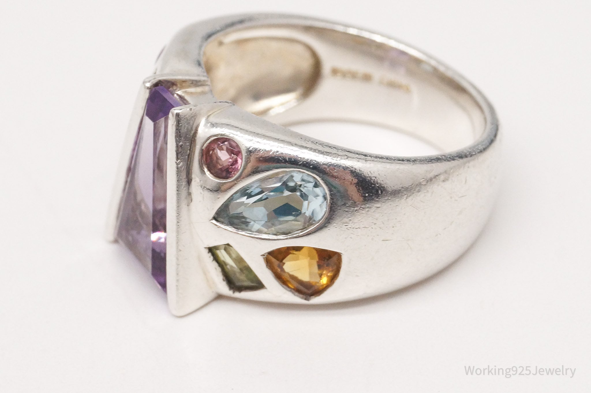 Vintage Multi Gemstone Sterling Silver Ring - Size 6.75