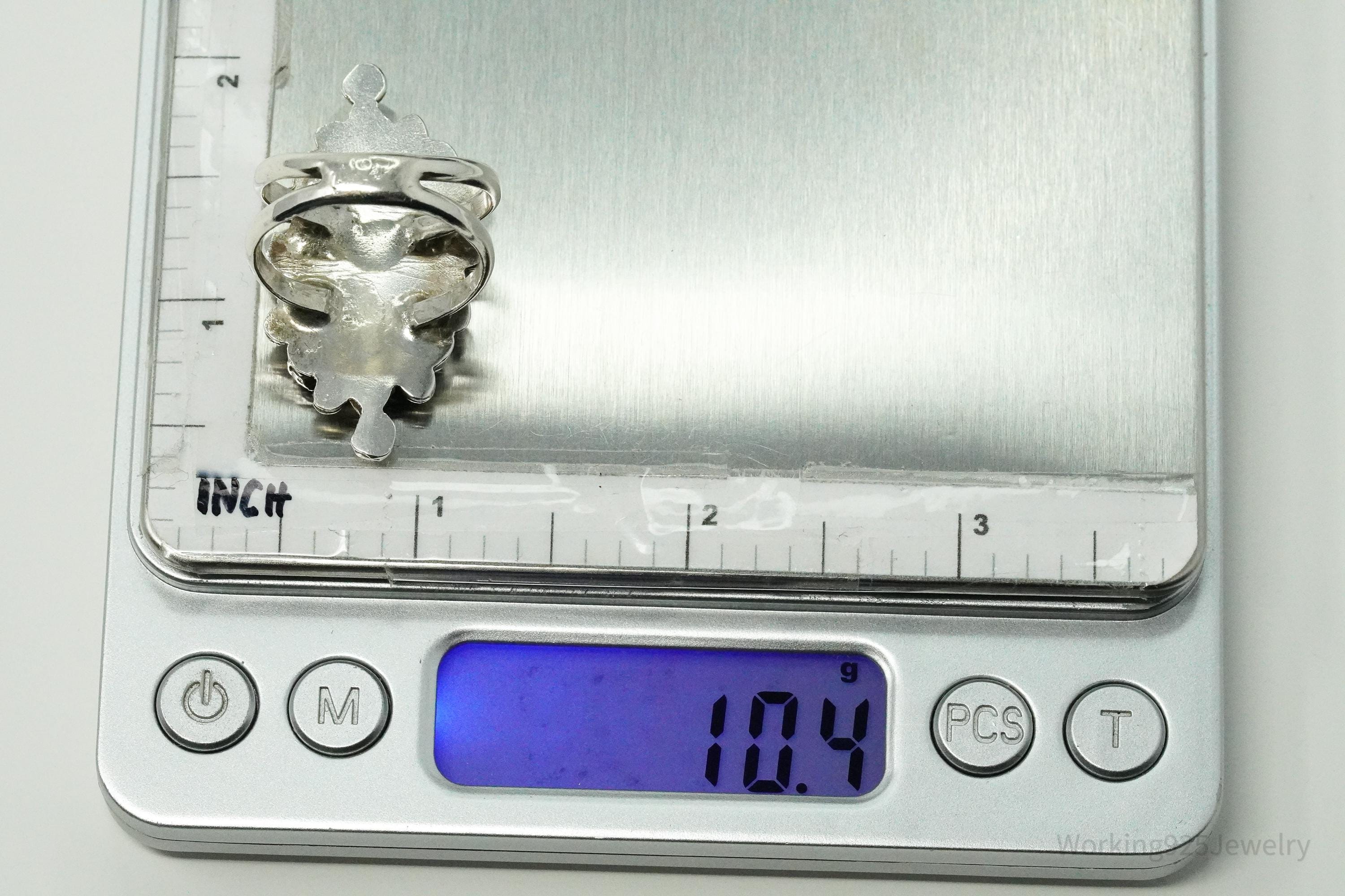 Vintage Handmade Native American Turquoise Inlay Unsigned Silver Ring - Size 10.75