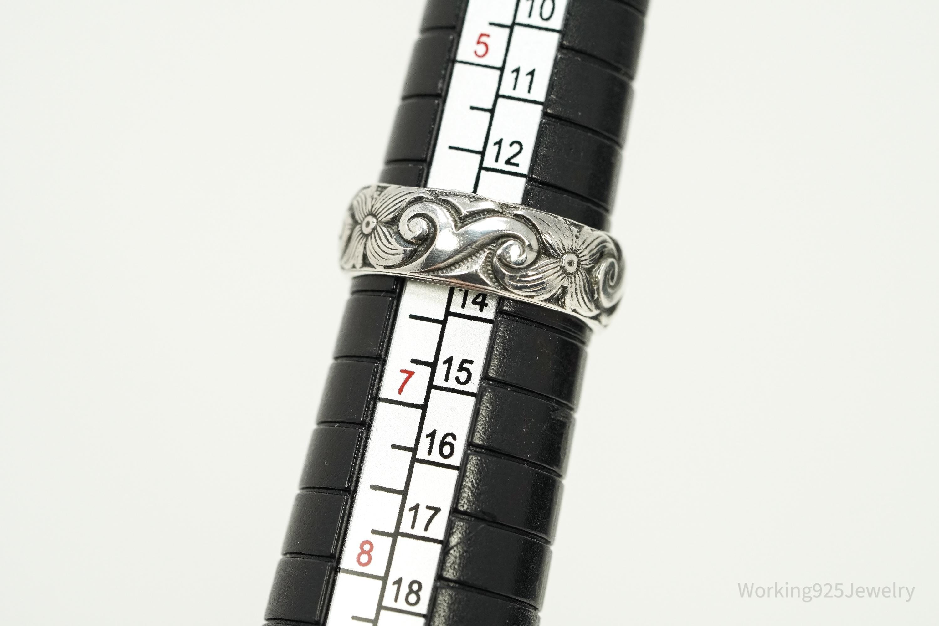 Antique Art Nouveau Floral Pattern Silver Band Ring - Size 6.25