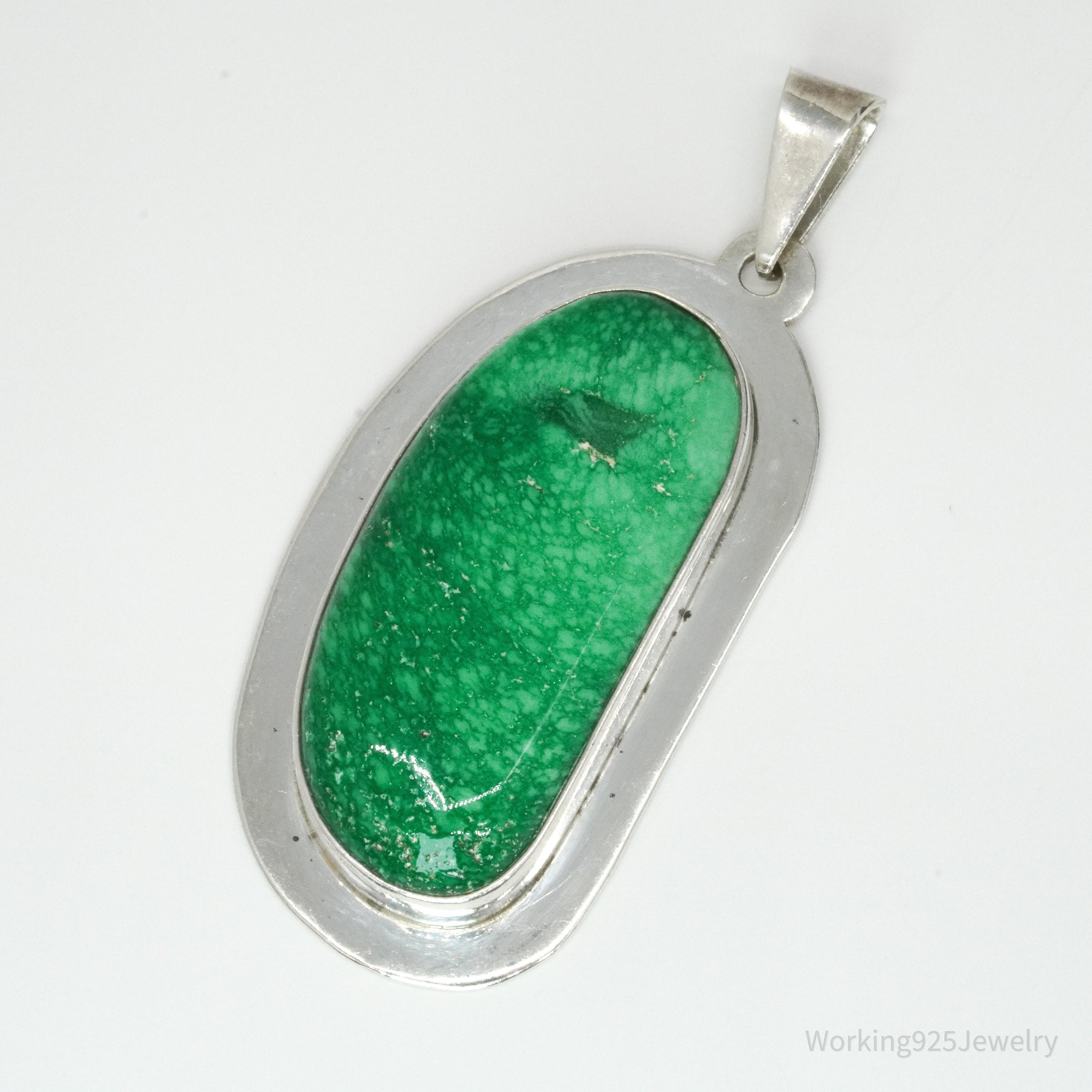 Vintage Large Mexico Modernist AIS Green Stone Sterling Silver Pendant 2 5/16"