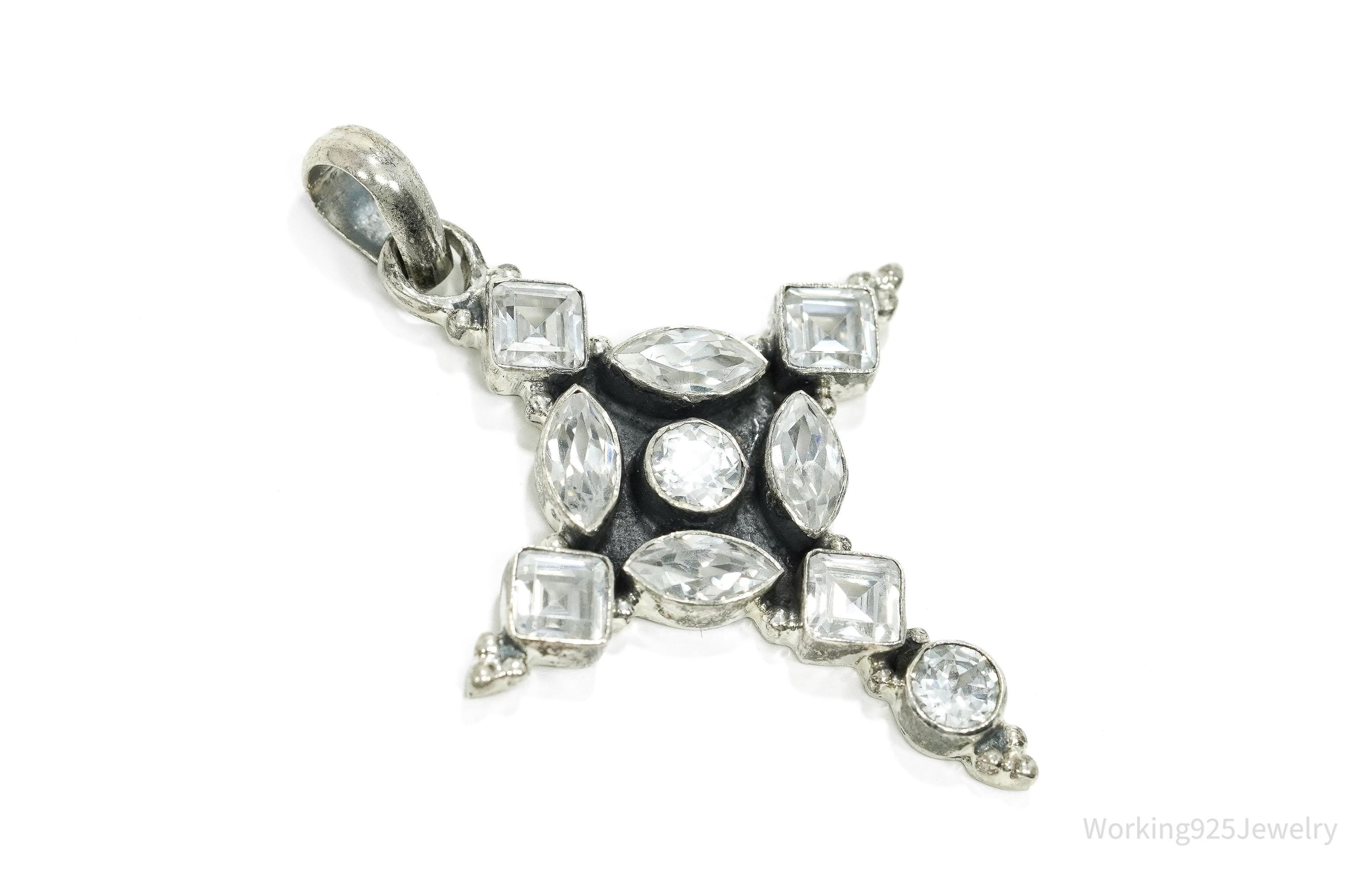 Large Vintage Cubic Zirconia Cross Sterling Silver Necklace Pendant 2"