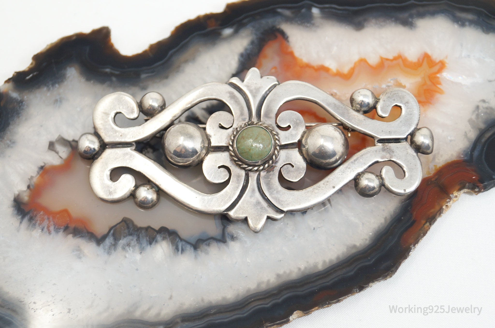 Large Vintage Taxco Mexico Turquoise Modernist 980 Silver Brooch Pin