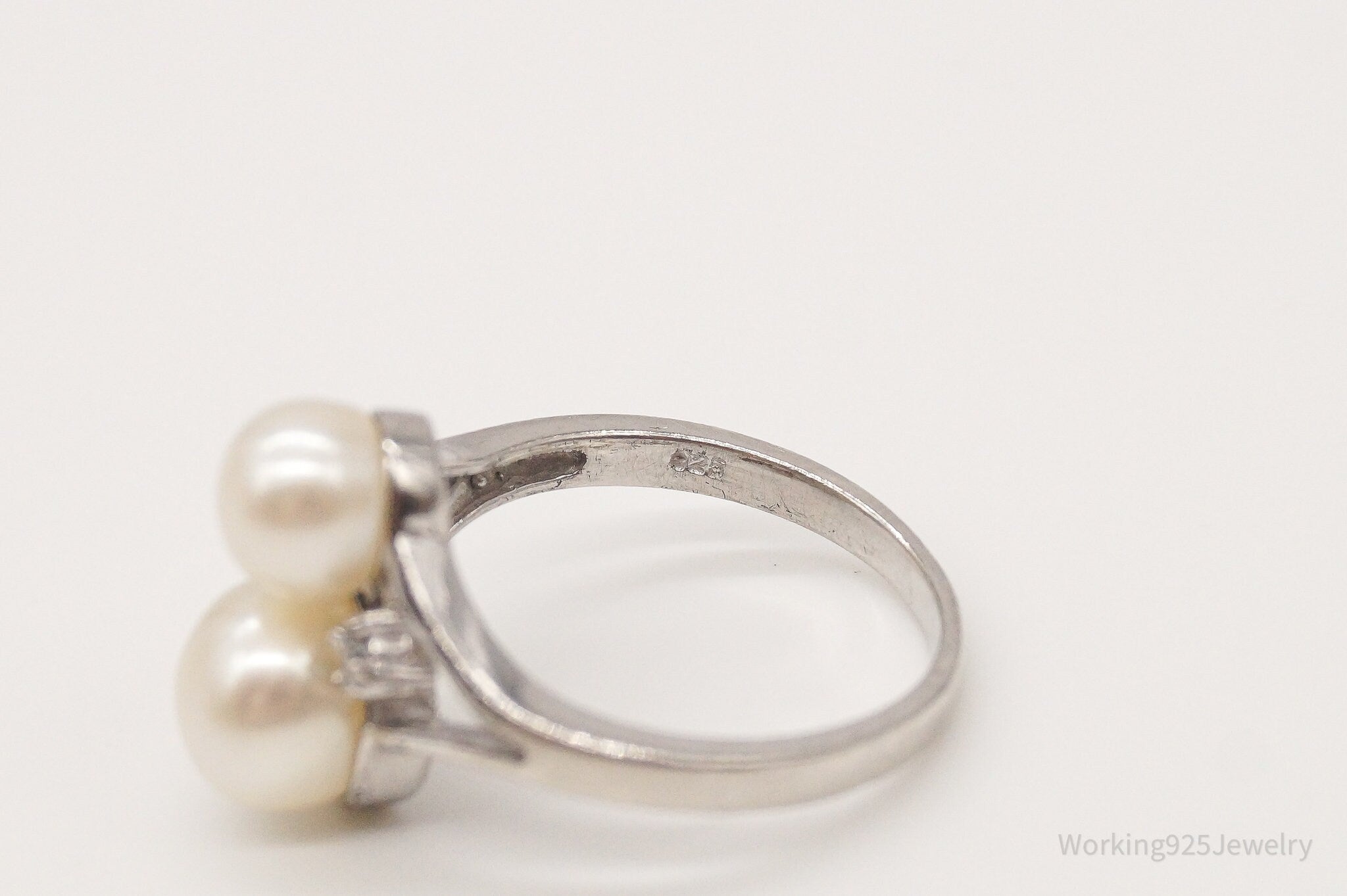 Vintage Faux Pearl Cubic Zirconia Sterling Silver Ring - Size 8