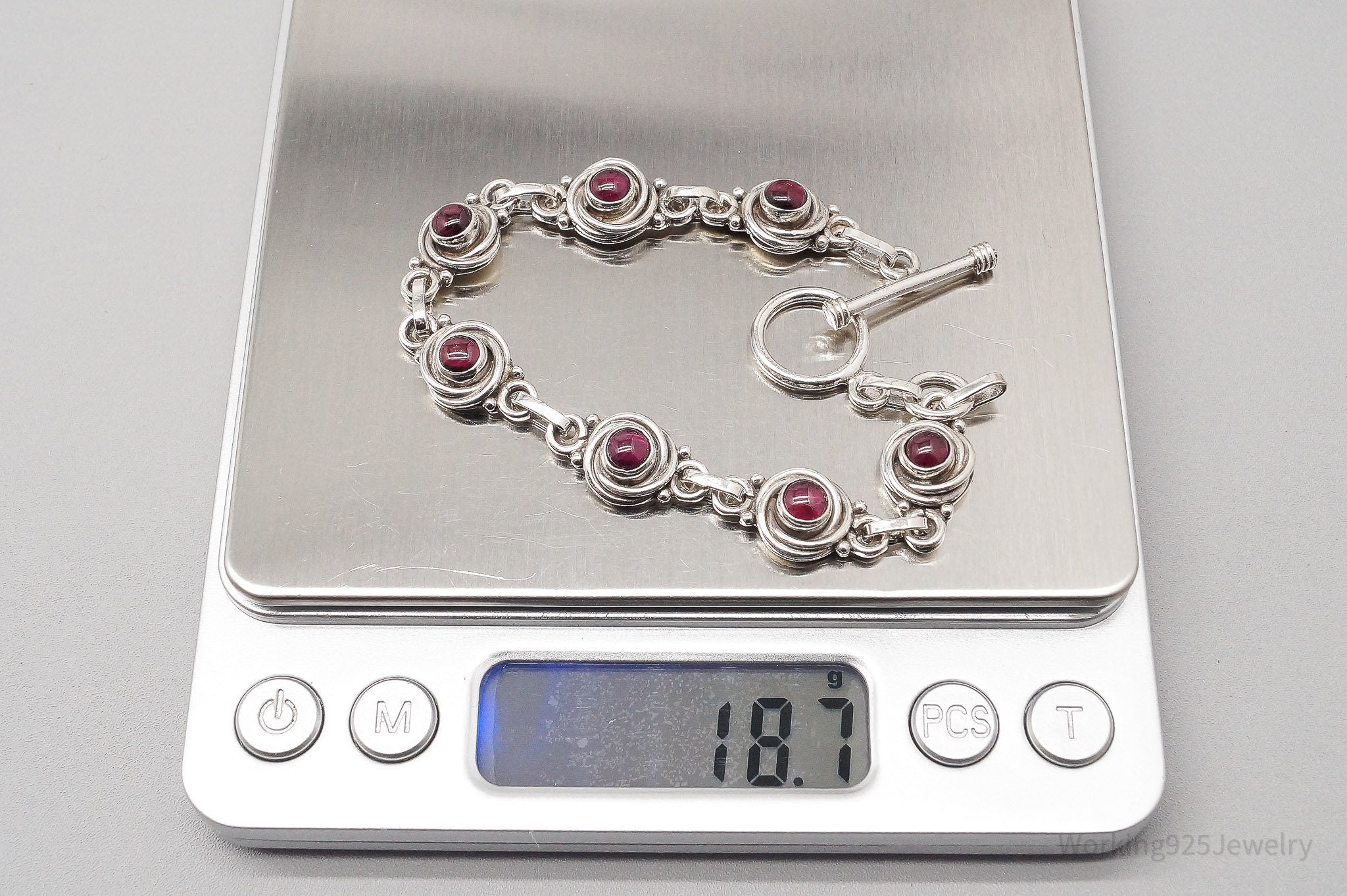 Vintage Rhodolite Garnet Sterling Silver Toggle Bracelet