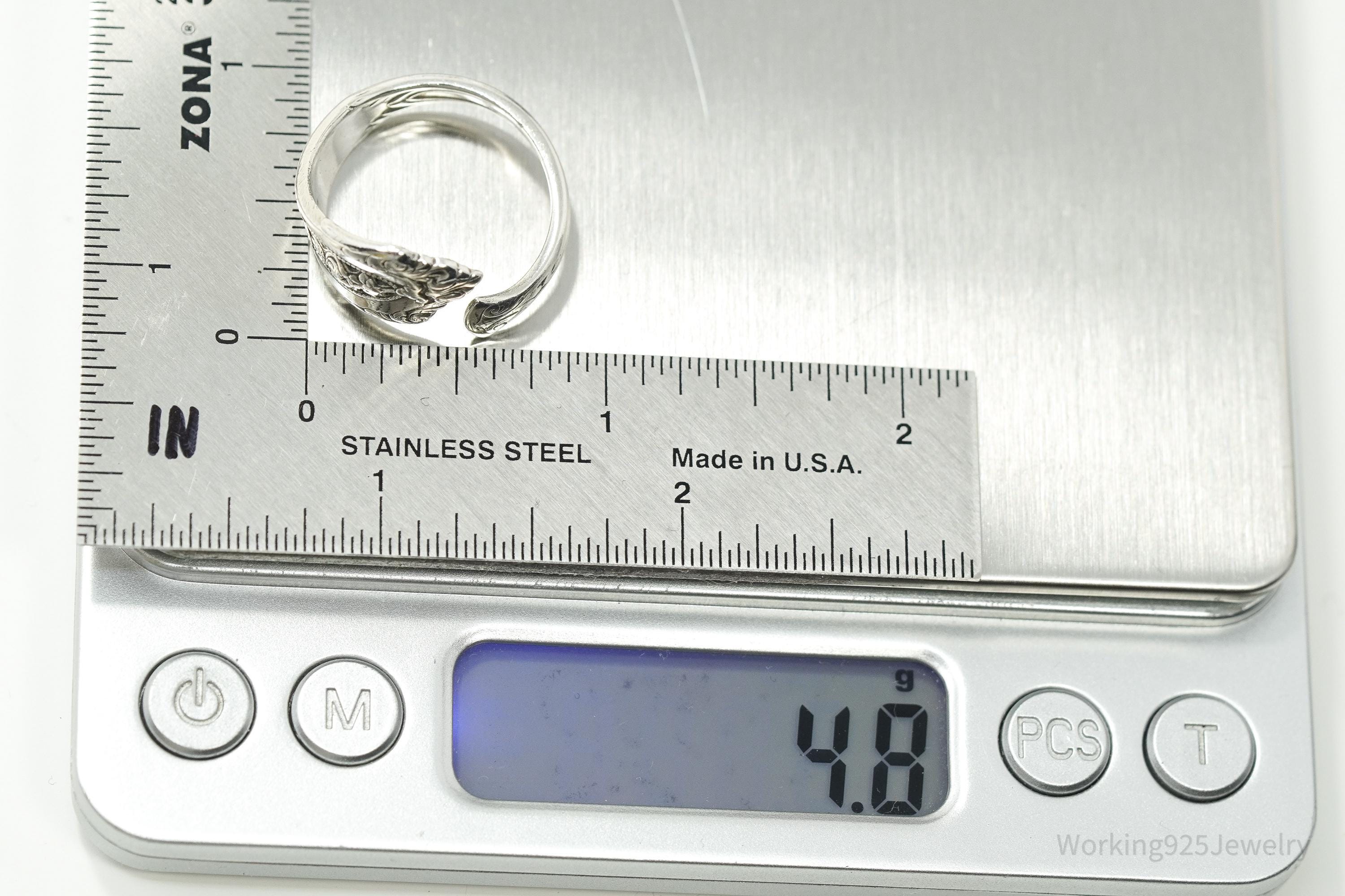 Antique WALLACE Floral Sterling Silver Spoon Ring - Size 9.5