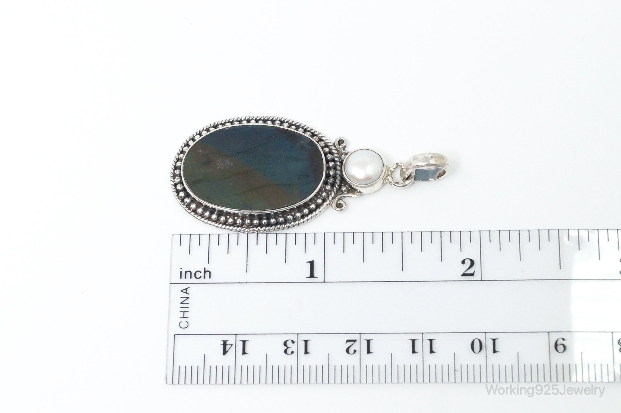 Vintage Large Labradorite Pearl Sterling Silver Necklace Pendant